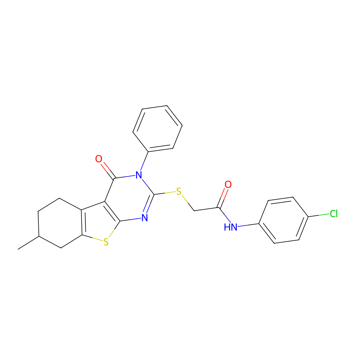 N-(4-chlorophenyl)-2-[(7-methyl-4-oxo-3-phenyl-5,6,7,8-tetrahydro-[1]benzothiolo[2,3-d]pyrimidin-2-yl)sulfanyl]acetamide molecular structure, CAS 496026-31-4