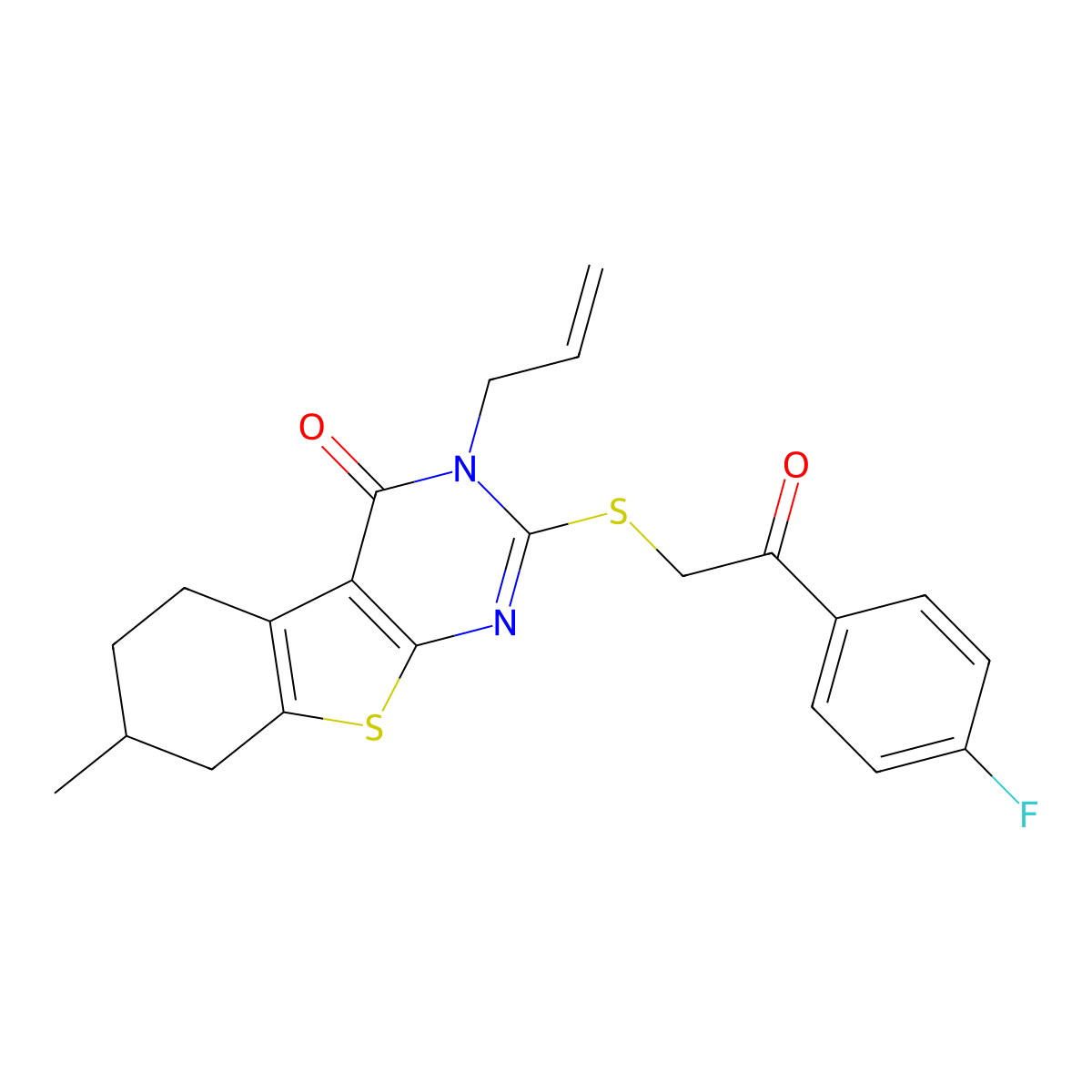 2-{[2-(4-fluorophenyl)-2-oxoethyl]sulfanyl}-7-methyl-3-(prop-2-en-1-yl)-5,6,7,8-tetrahydro[1]benzothieno[2,3-d]pyrimidin-4(3H)-one molecular structure, CAS 496026-32-5