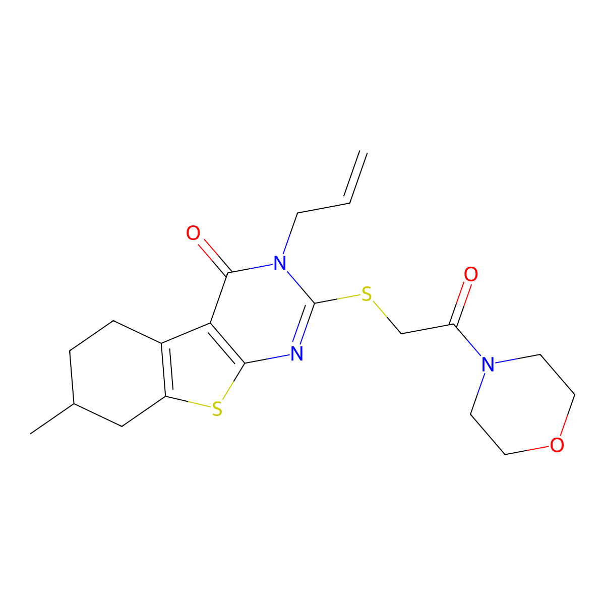 7-Methyl-2-(2-morpholin-4-yl-2-oxoethyl)sulfanyl-3-prop-2-enyl-5,6,7,8-tetrahydro-[1]benzothiolo[2,3-d]pyrimidin-4-one molecular structure, CAS 496026-33-6