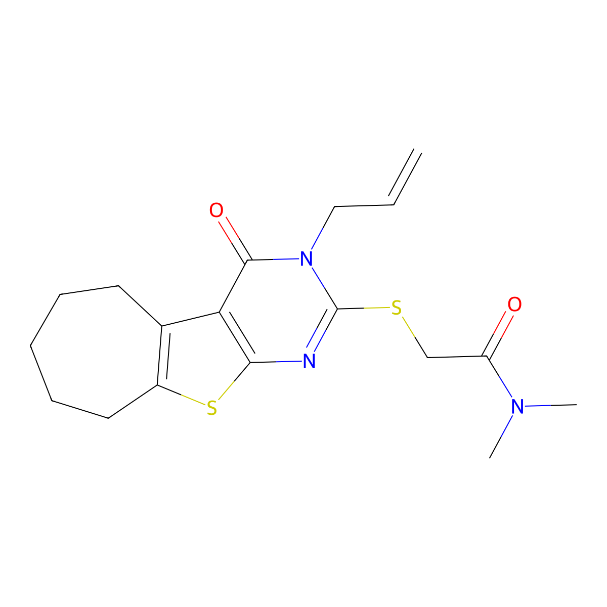 N,N-dimethyl-2-[(4-oxo-3-prop-2-enyl-6,7,8,9-tetrahydro-5H-cyclohepta[2,3]thieno[2,4-b]pyrimidin-2-yl)sulfanyl]acetamide molecular structure, CAS 496026-34-7