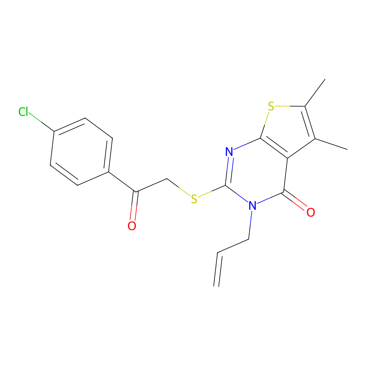 2-{[2-(4-chlorophenyl)-2-oxoethyl]sulfanyl}-5,6-dimethyl-3-(prop-2-en-1-yl)-3H,4H-thieno[2,3-d]pyrimidin-4-one molecular structure, CAS 496026-44-9