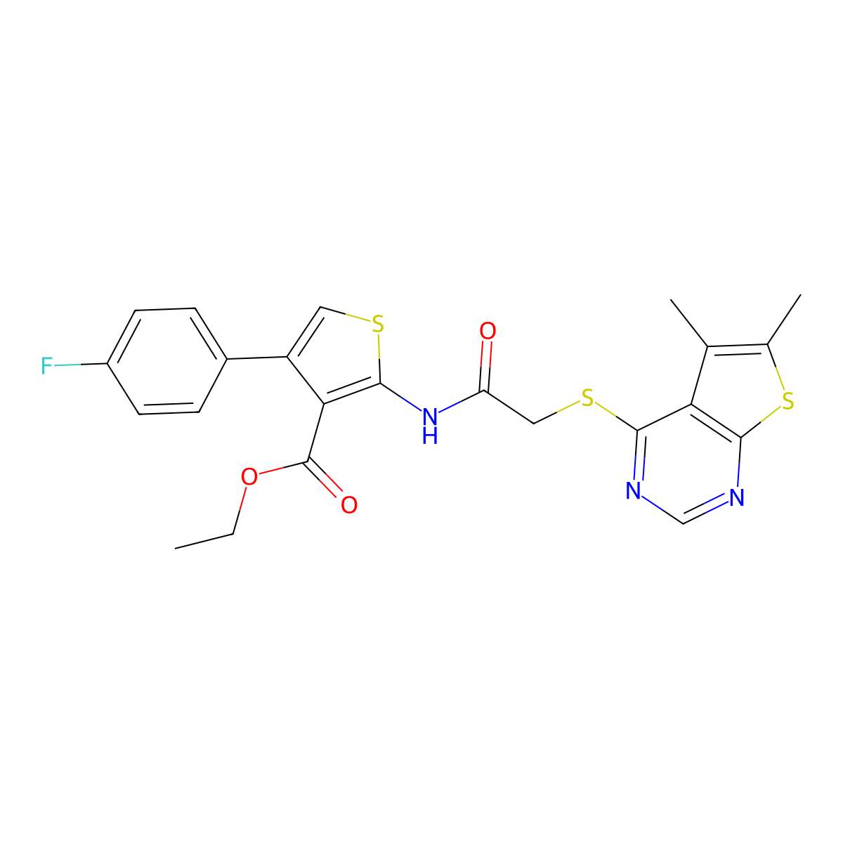Ethyl 2-(2-((5,6-dimethylthieno[2,3-d]pyrimidin-4-yl)thio)acetamido)-4-(4-fluorophenyl)thiophene-3-carboxylate molecular structure, CAS 496026-48-3
