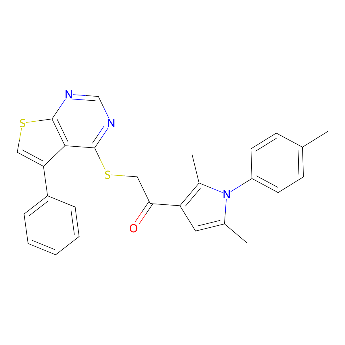 1-[2,5-dimethyl-1-(4-methylphenyl)-1H-pyrrol-3-yl]-2-[(5-phenylthieno[2,3-d]pyrimidin-4-yl)sulfanyl]ethanone molecular structure, CAS 496026-56-3