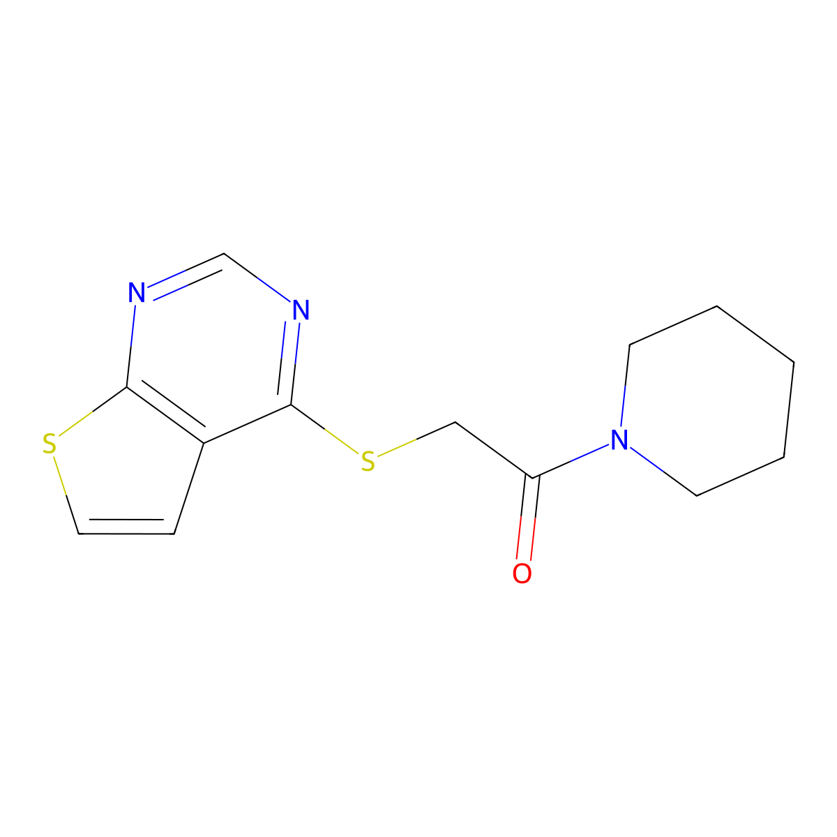 1-(Piperidin-1-yl)-2-(thieno[2,3-d]pyrimidin-4-ylsulfanyl)ethanone molecular structure, CAS 496026-71-2
