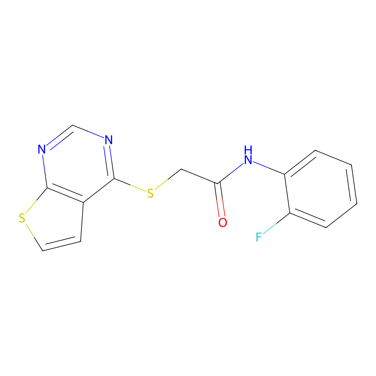 N-(2-fluorophenyl)-2-(thieno[2,3-d]pyrimidin-4-ylsulfanyl)acetamide molecular structure, CAS 496026-73-4