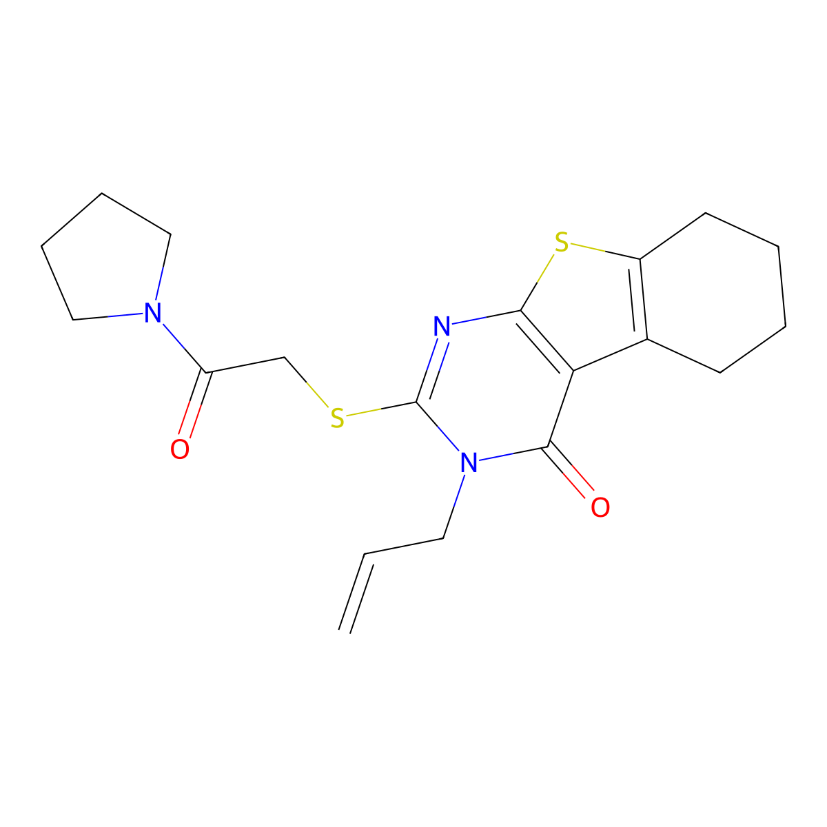 2-(2-Oxo-2-pyrrolidin-1-ylethyl)sulfanyl-3-prop-2-enyl-5,6,7,8-tetrahydro-[1]benzothiolo[2,3-d]pyrimidin-4-one molecular structure, CAS 496027-02-2