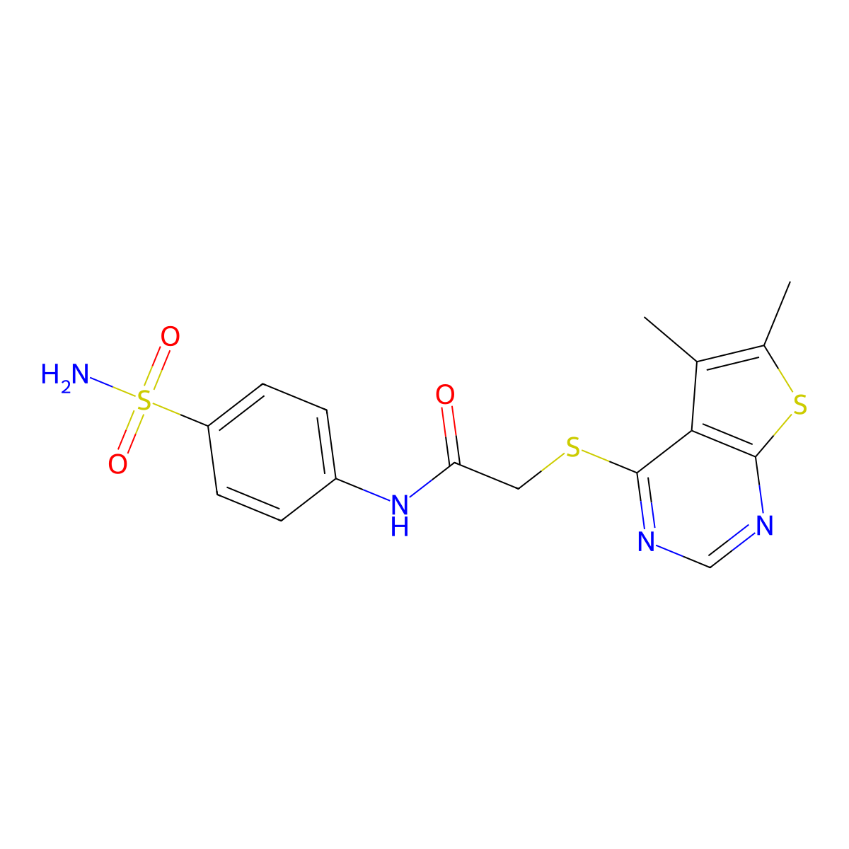 2-((5,6-dimethylthieno[2,3-d]pyrimidin-4-yl)thio)-N-(4-sulfamoylphenyl)acetamide molecular structure, CAS 496027-09-9
