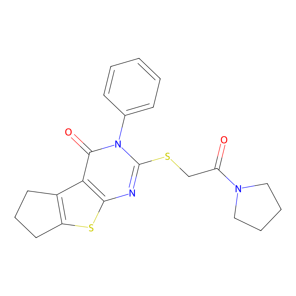 10-(2-Oxo-2-pyrrolidin-1-ylethyl)sulfanyl-11-phenyl-7-thia-9,11-diazatricyclo[6.4.0.02,6]dodeca-1(8),2(6),9-trien-12-one molecular structure, CAS 496027-18-0