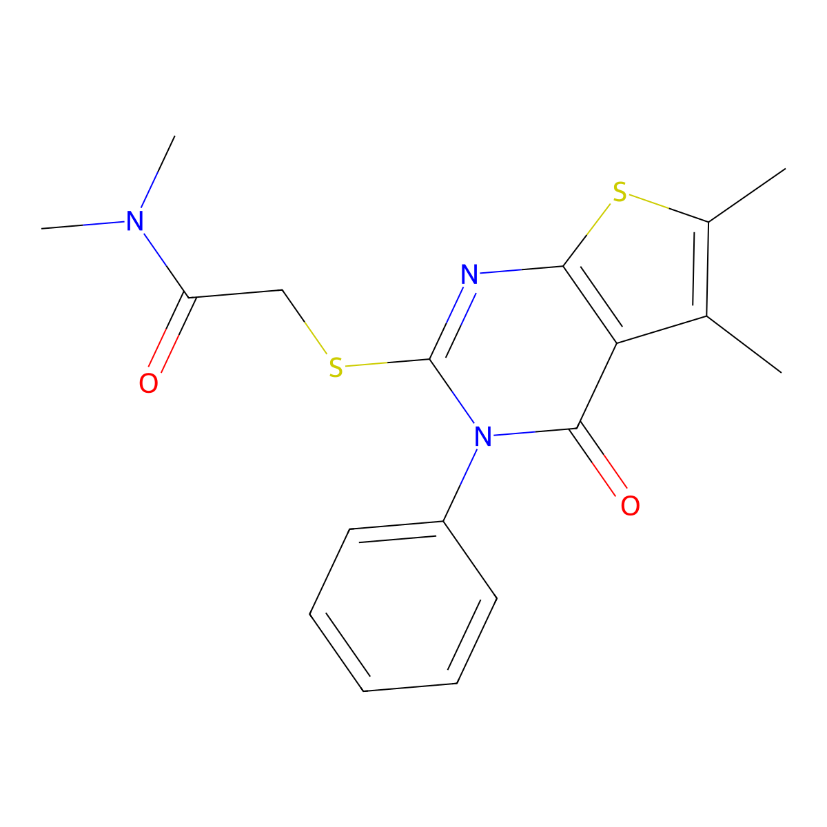 2-[(5,6-dimethyl-4-oxo-3-phenyl-3,4-dihydrothieno[2,3-d]pyrimidin-2-yl)sulfanyl]-N,N-dimethylacetamide molecular structure, CAS 496027-35-1