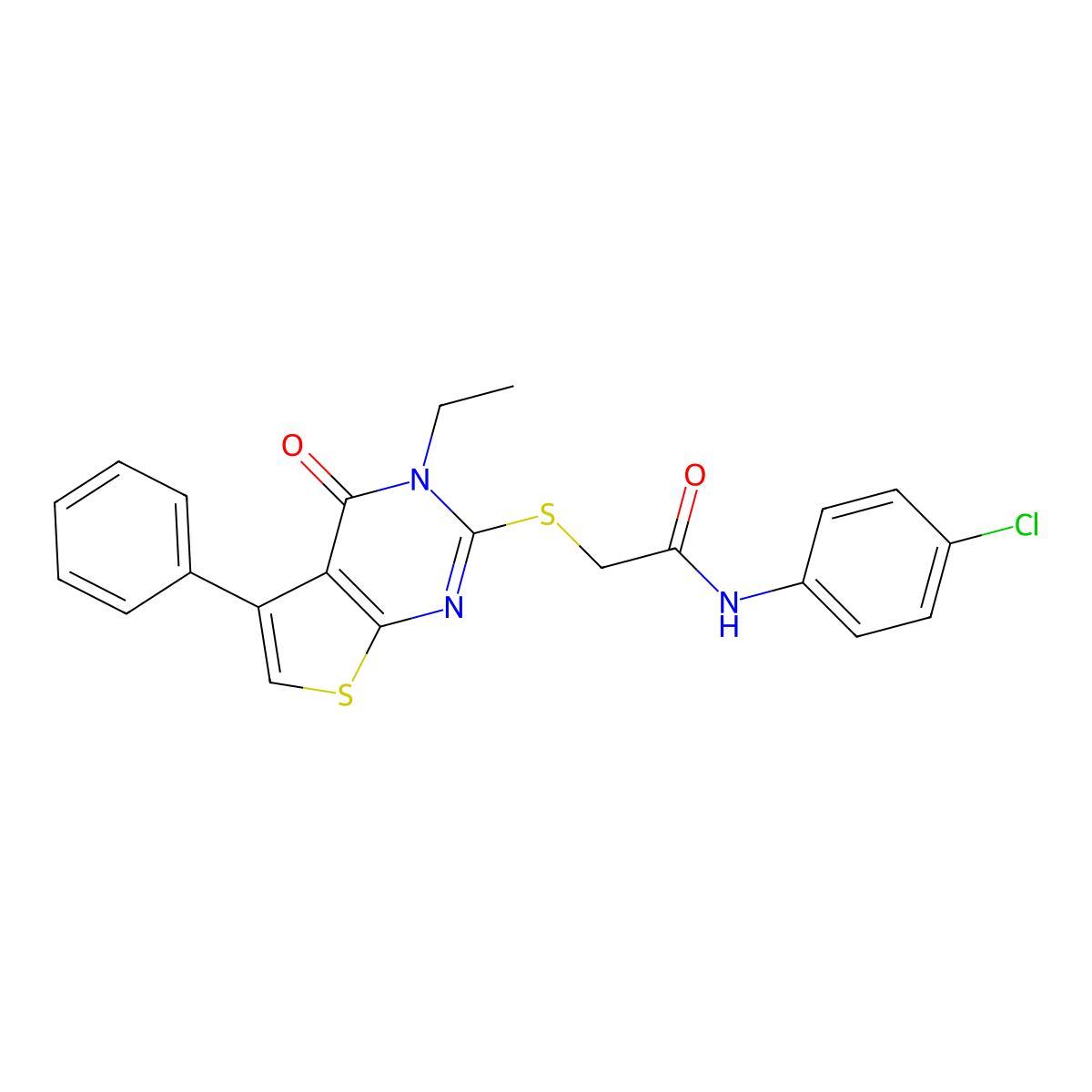N-(4-chlorophenyl)-2-[(3-ethyl-4-oxo-5-phenyl-3,4-dihydrothieno[2,3-d]pyrimidin-2-yl)sulfanyl]acetamide molecular structure, CAS 496027-39-5