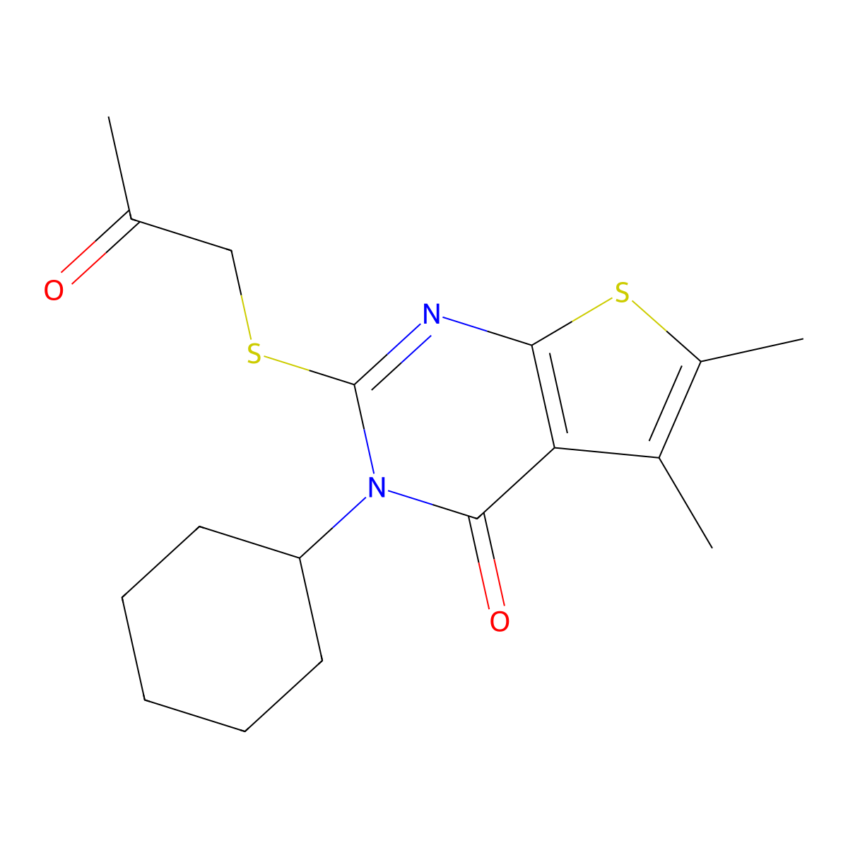3-cyclohexyl-5,6-dimethyl-2-[(2-oxopropyl)sulfanyl]thieno[2,3-d]pyrimidin-4(3H)-one molecular structure, CAS 496027-42-0