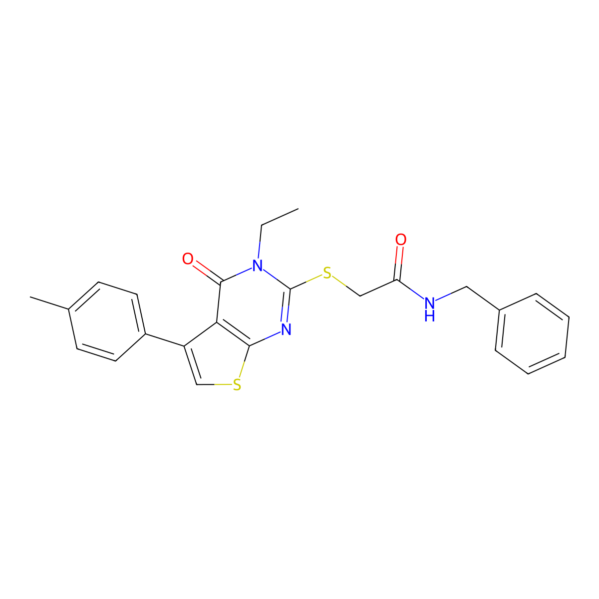 N-benzyl-2-{[3-ethyl-5-(4-methylphenyl)-4-oxo-3,4-dihydrothieno[2,3-d]pyrimidin-2-yl]sulfanyl}acetamide molecular structure, CAS 496027-43-1
