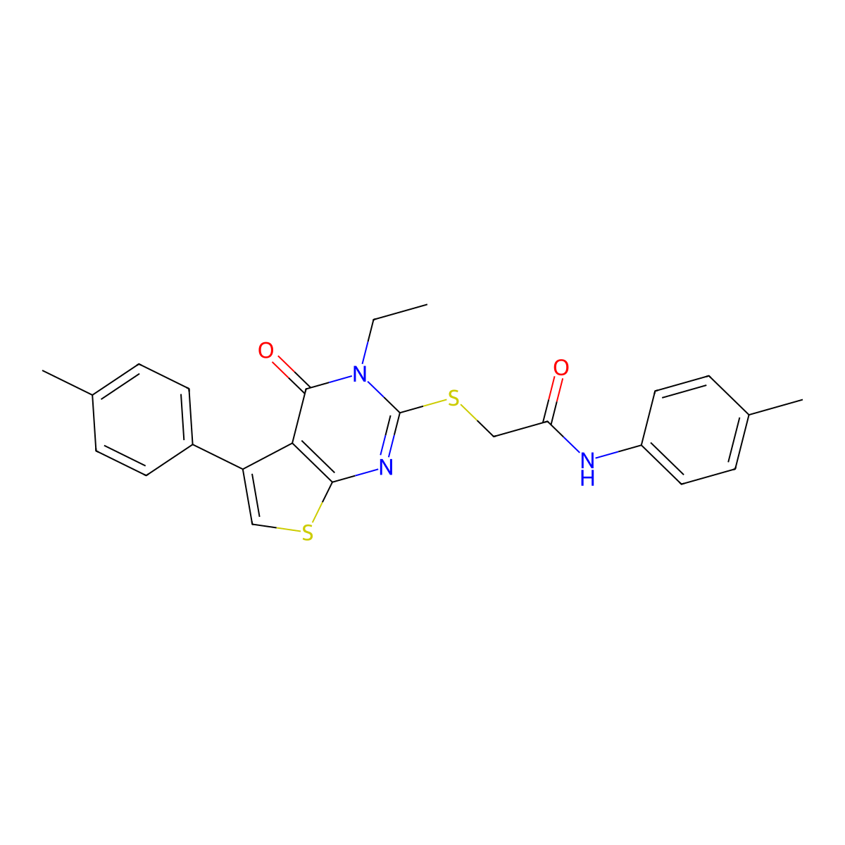 2-{[3-ethyl-5-(4-methylphenyl)-4-oxo-3,4-dihydrothieno[2,3-d]pyrimidin-2-yl]sulfanyl}-N-(4-methylphenyl)acetamide molecular structure, CAS 496027-49-7