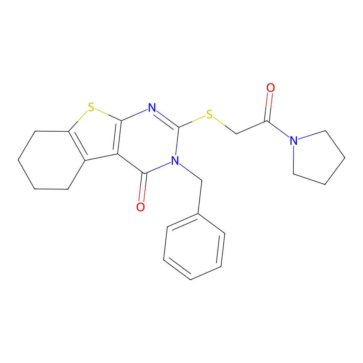 3-benzyl-2-{[2-oxo-2-(1-pyrrolidinyl)ethyl]sulfanyl}-5,6,7,8-tetrahydro[1]benzothieno[2,3-d]pyrimidin-4(3H)-one molecular structure, CAS 496027-57-7
