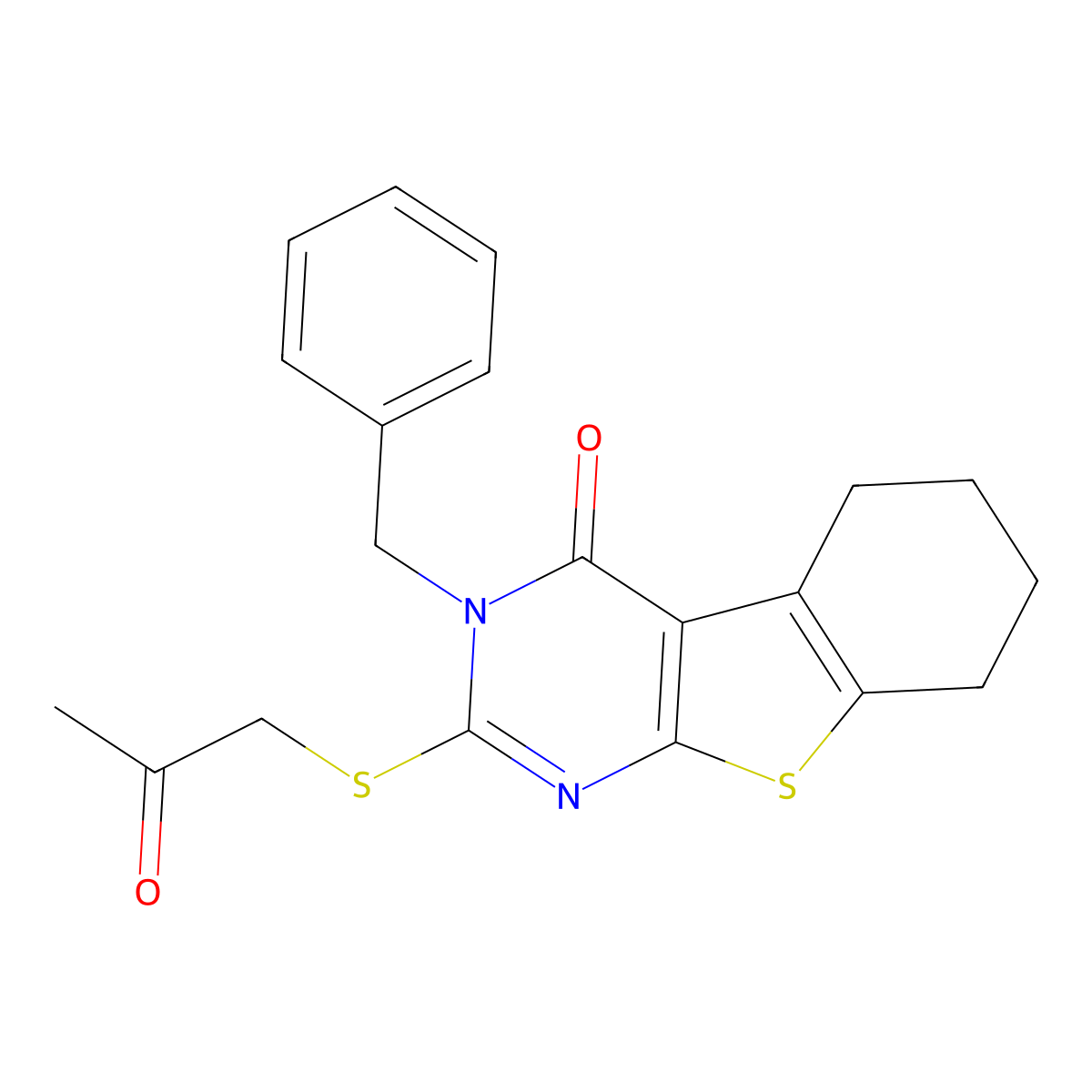 3-benzyl-2-[(2-oxopropyl)sulfanyl]-5,6,7,8-tetrahydro[1]benzothieno[2,3-d]pyrimidin-4(3H)-one molecular structure, CAS 496027-62-4
