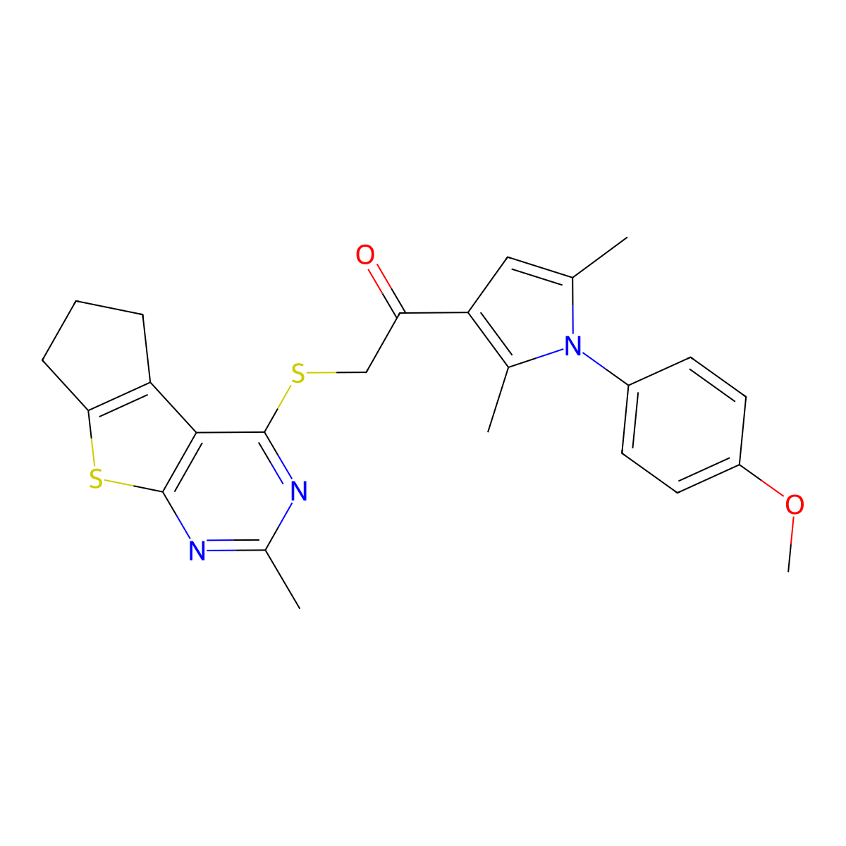 1-[1-(4-methoxyphenyl)-2,5-dimethyl-1H-pyrrol-3-yl]-2-({10-methyl-7-thia-9,11-diazatricyclo[6.4.0.0^{2,6}]dodeca-1(12),2(6),8,10-tetraen-12-yl}sulfanyl)ethan-1-one molecular structure, CAS 496027-71-5