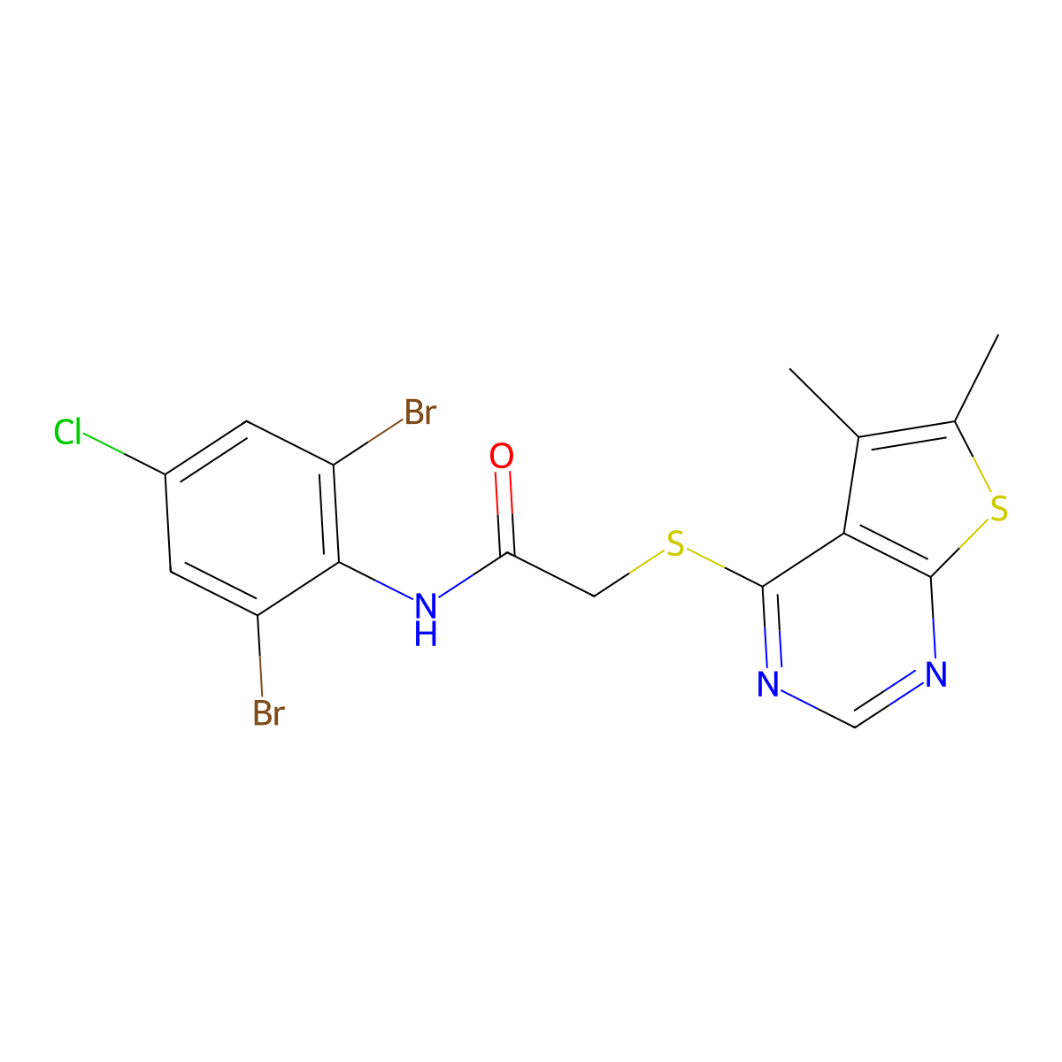 N-(2,6-dibromo-4-chlorophenyl)-2-(5,6-dimethylthieno[2,3-d]pyrimidin-4-yl)sulfanylacetamide molecular structure, CAS 496027-72-6