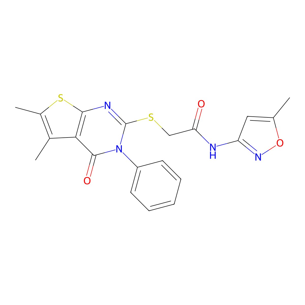 2-((5,6-dimethyl-4-oxo-3-phenyl-3,4-dihydrothieno[2,3-d]pyrimidin-2-yl)thio)-N-(5-methylisoxazol-3-yl)acetamide molecular structure, CAS 496027-75-9
