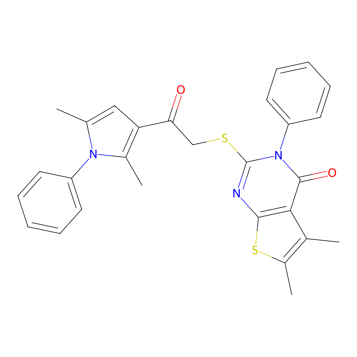 2-[2-(2,5-Dimethyl-1-phenylpyrrol-3-yl)-2-oxoethyl]sulfanyl-5,6-dimethyl-3-phenylthieno[2,3-d]pyrimidin-4-one molecular structure, CAS 496027-77-1