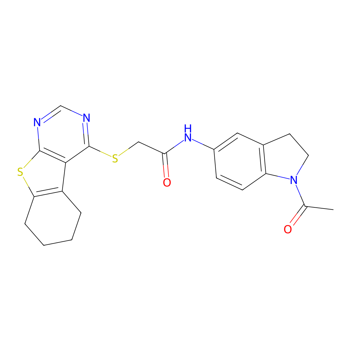 N-(1-acetyl-2,3-dihydroindol-5-yl)-2-(5,6,7,8-tetrahydro-[1]benzothiolo[2,3-d]pyrimidin-4-ylsulfanyl)acetamide molecular structure, CAS 496027-84-0