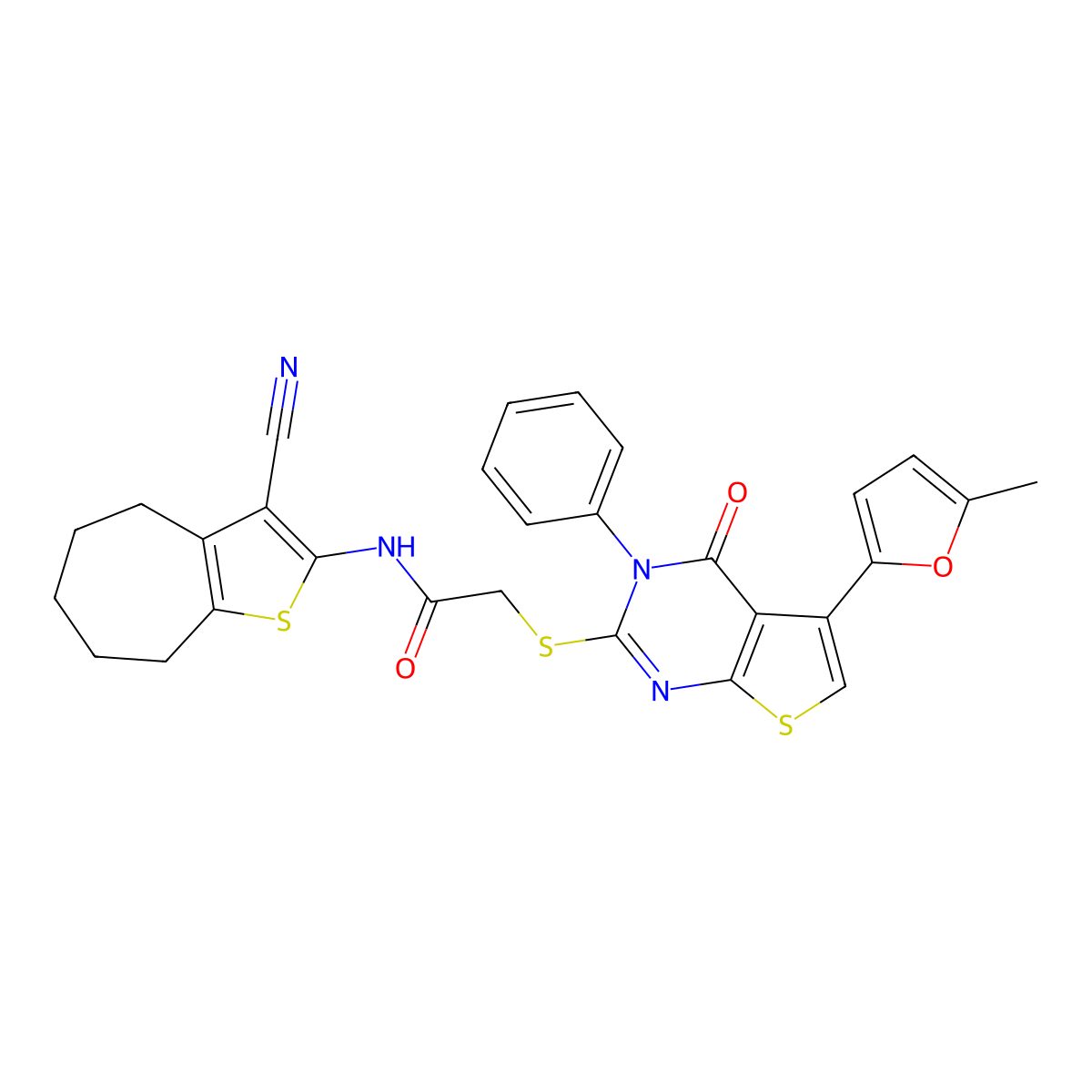N-(3-cyano-5,6,7,8-tetrahydro-4H-cyclohepta[b]thiophen-2-yl)-2-[5-(5-methylfuran-2-yl)-4-oxo-3-phenylthieno[2,3-d]pyrimidin-2-yl]sulfanylacetamide molecular structure, CAS 496027-87-3
