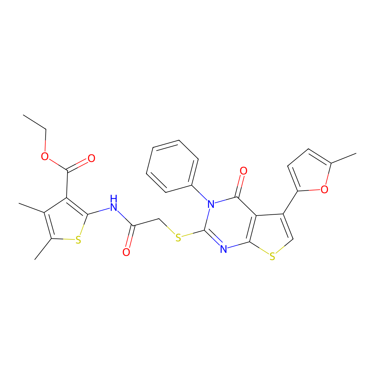 Ethyl 4,5-dimethyl-2-[[2-[5-(5-methylfuran-2-yl)-4-oxo-3-phenylthieno[2,3-d]pyrimidin-2-yl]sulfanylacetyl]amino]thiophene-3-carboxylate molecular structure, CAS 496027-90-8