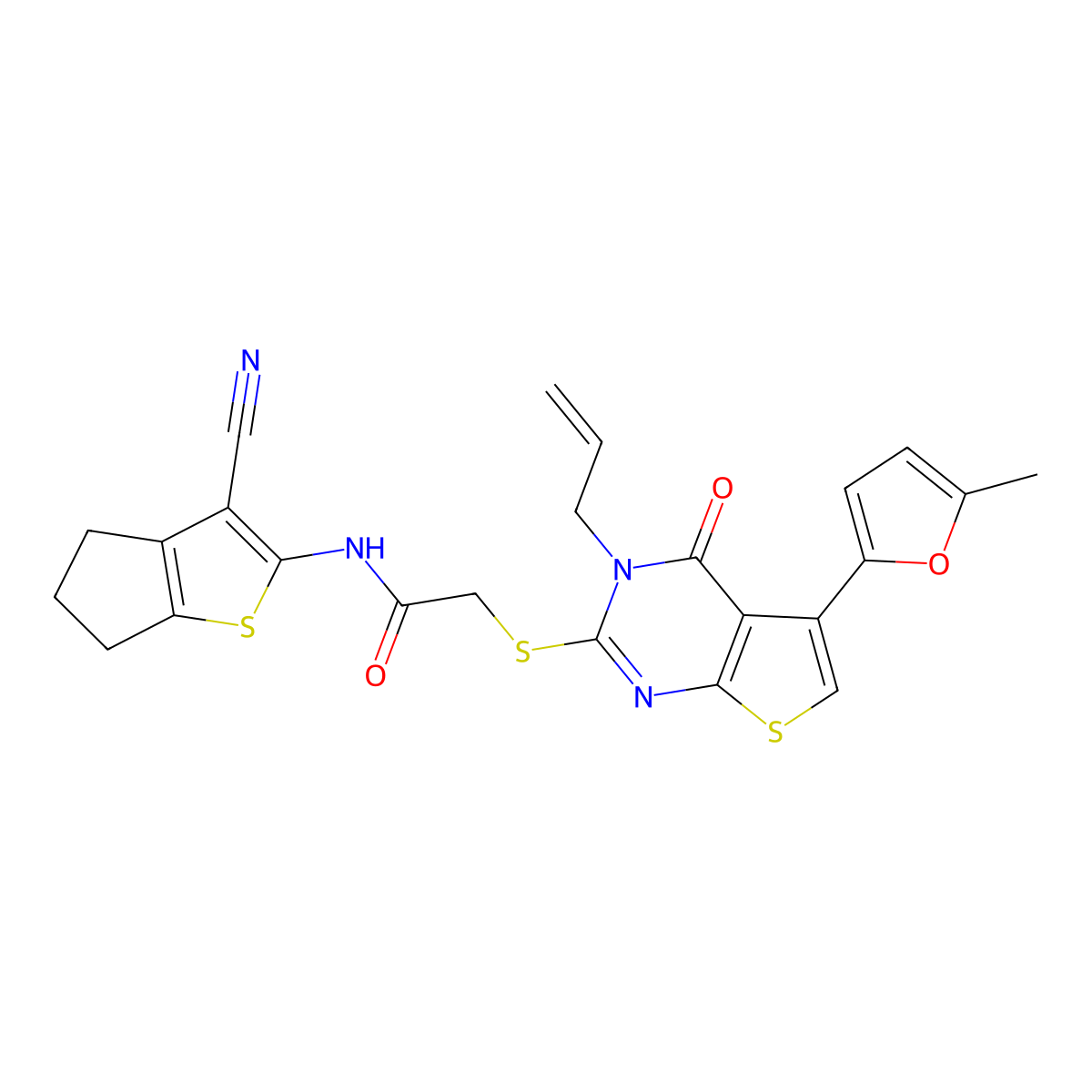 N-(3-cyano-5,6-dihydro-4H-cyclopenta[b]thiophen-2-yl)-2-[5-(5-methylfuran-2-yl)-4-oxo-3-prop-2-enylthieno[2,3-d]pyrimidin-2-yl]sulfanylacetamide molecular structure, CAS 496027-92-0