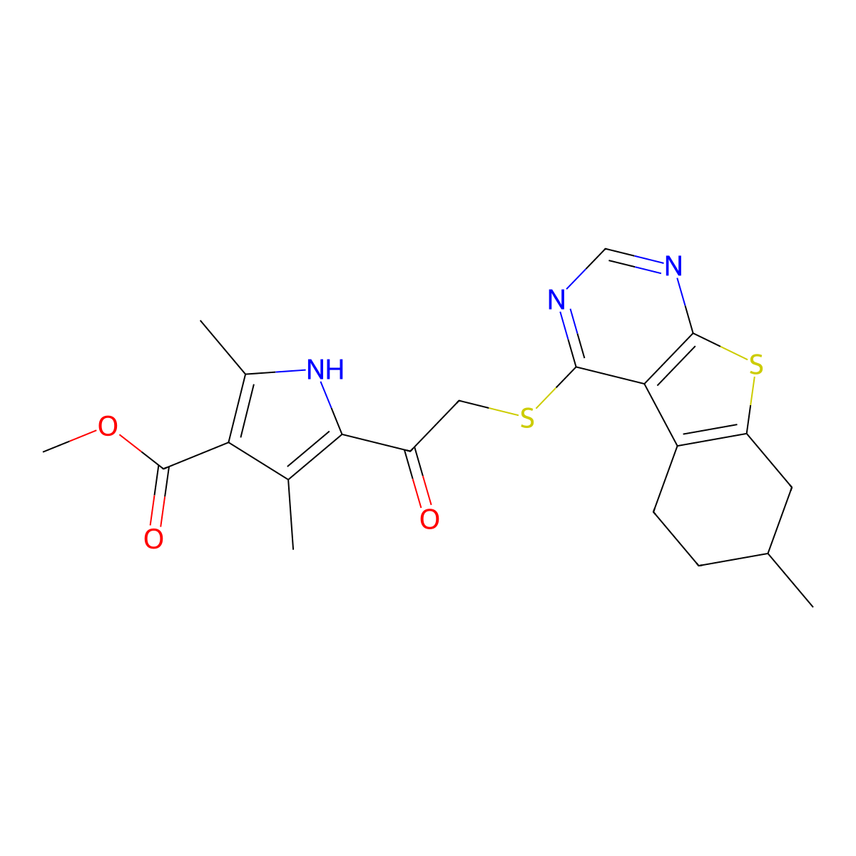 methyl 2,4-dimethyl-5-[2-[(7-methyl-5,6,7,8-tetrahydro-[1]benzothiolo[2,3-d]pyrimidin-4-yl)sulfanyl]acetyl]-1H-pyrrole-3-carboxylate molecular structure, CAS 496027-96-4