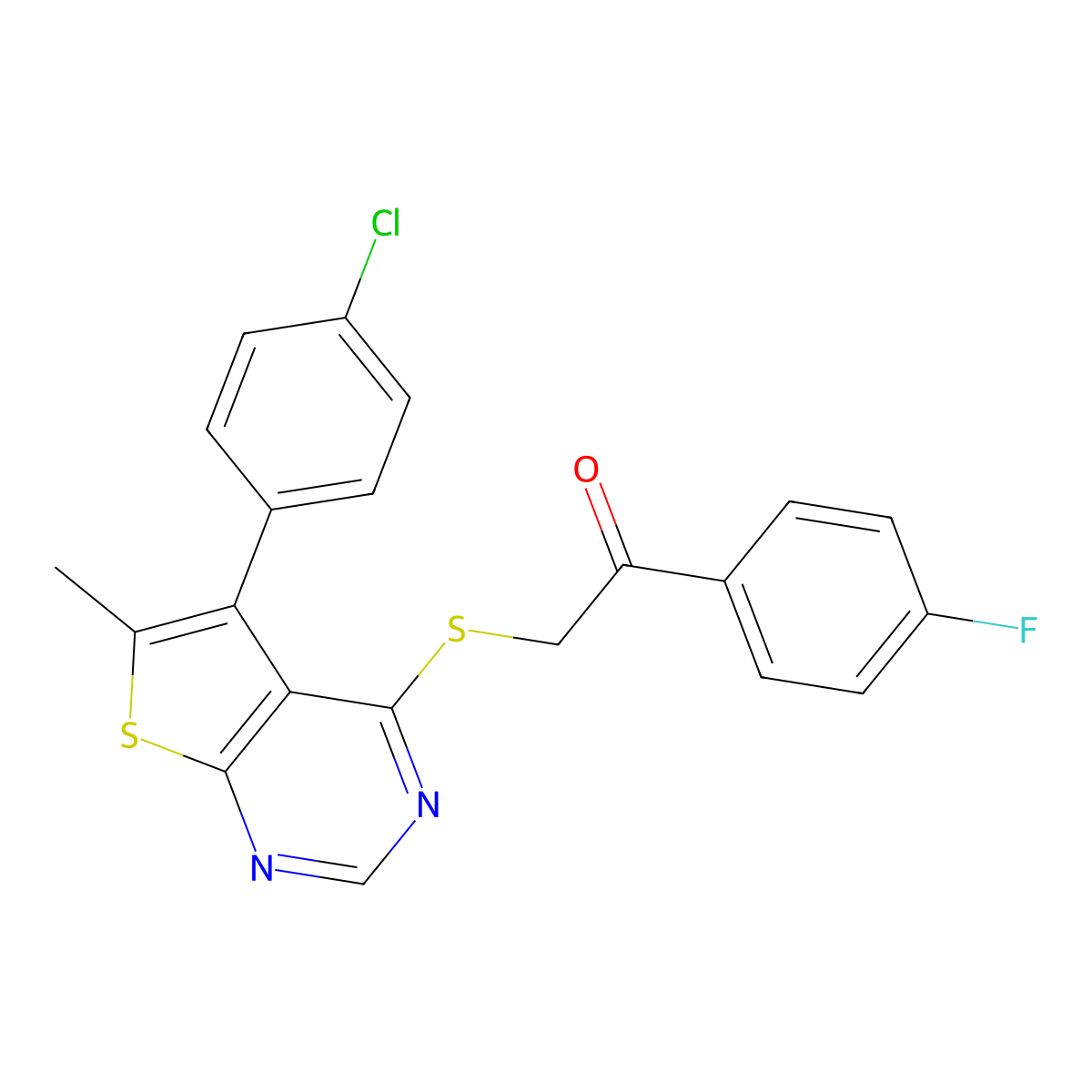 2-((5-(4-Chlorophenyl)-6-methylthieno[2,3-d]pyrimidin-4-yl)thio)-1-(4-fluorophenyl)ethanone molecular structure, CAS 496027-99-7