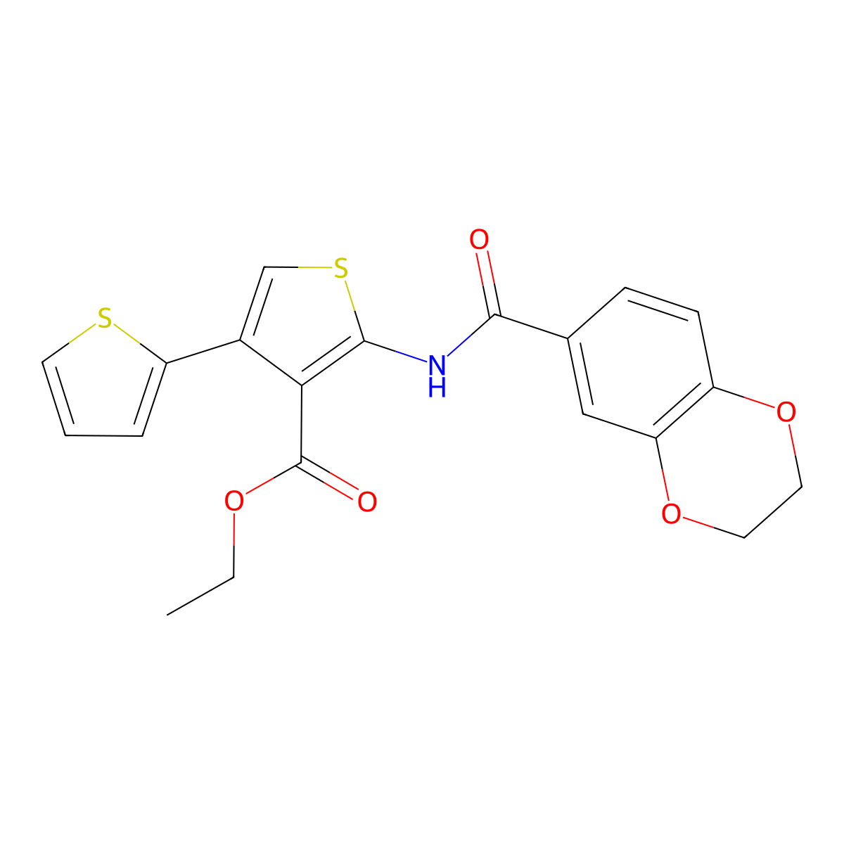 Ethyl 2-(2,3-dihydro-1,4-benzodioxine-6-carbonylamino)-4-thiophen-2-ylthiophene-3-carboxylate molecular structure, CAS 496028-00-3