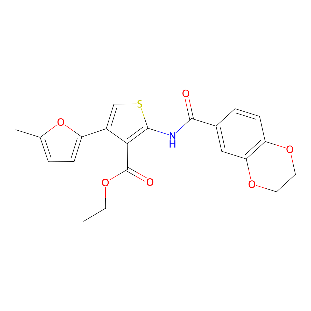 Ethyl 2-(2,3-dihydrobenzo[b][1,4]dioxine-6-carboxamido)-4-(5-methylfuran-2-yl)thiophene-3-carboxylate molecular structure, CAS 496028-01-4