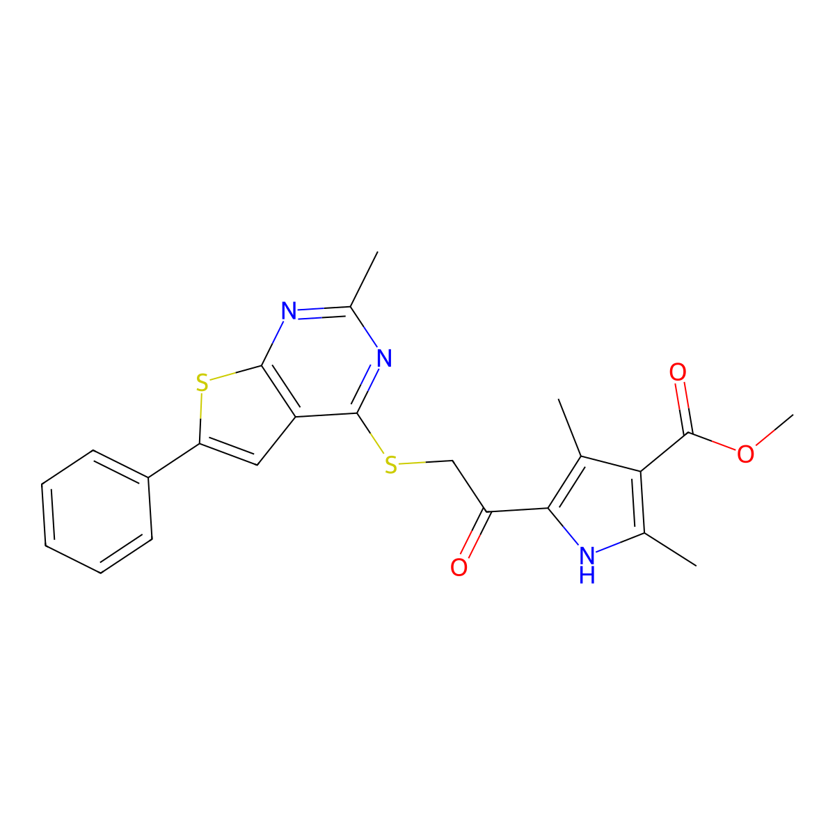 methyl 2,4-dimethyl-5-(2-((2-methyl-6-phenylthieno[2,3-d]pyrimidin-4-yl)thio)acetyl)-1H-pyrrole-3-carboxylate molecular structure, CAS 496028-02-5