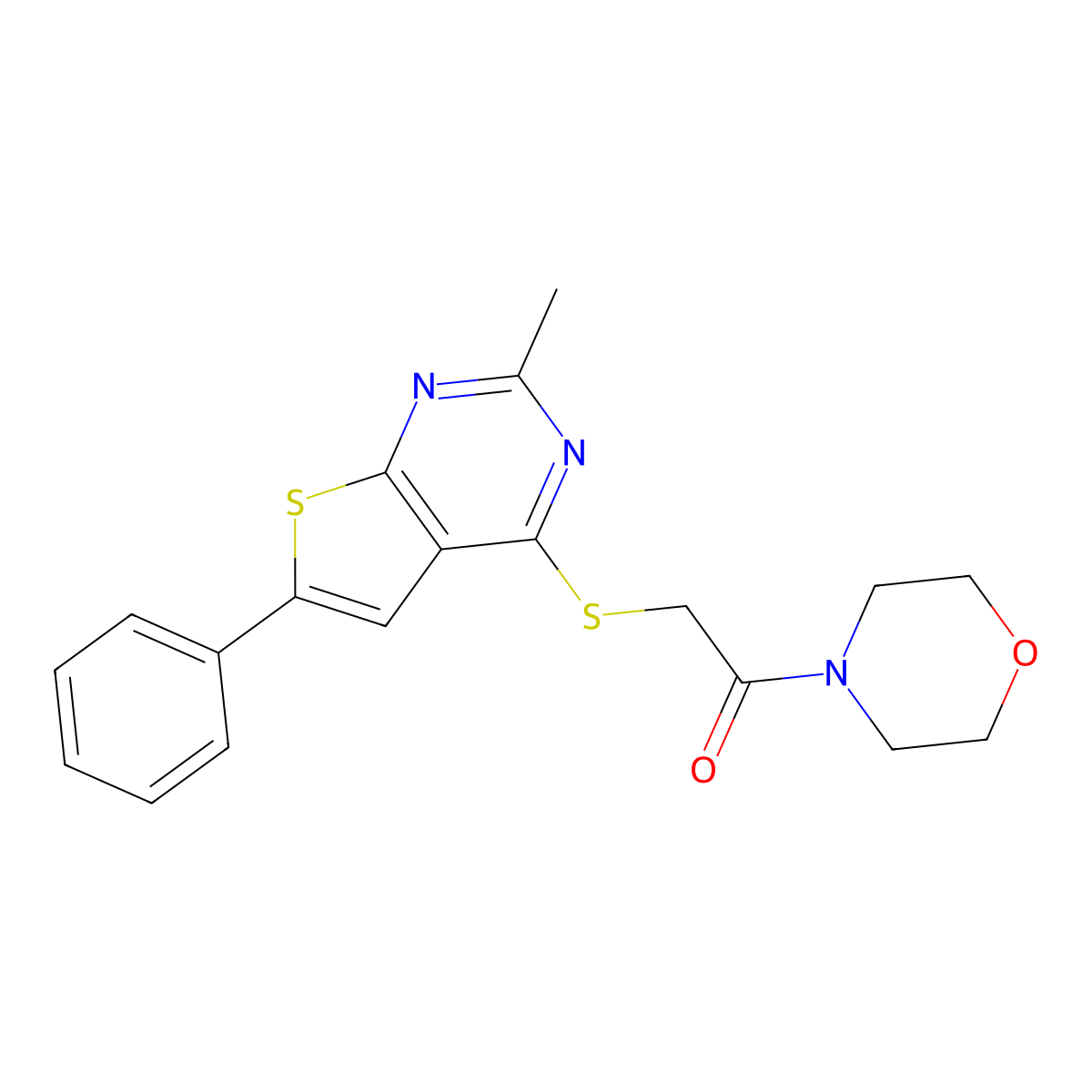 2-((2-Methyl-6-phenylthieno[2,3-d]pyrimidin-4-yl)thio)-1-morpholinoethanone molecular structure, CAS 496028-04-7