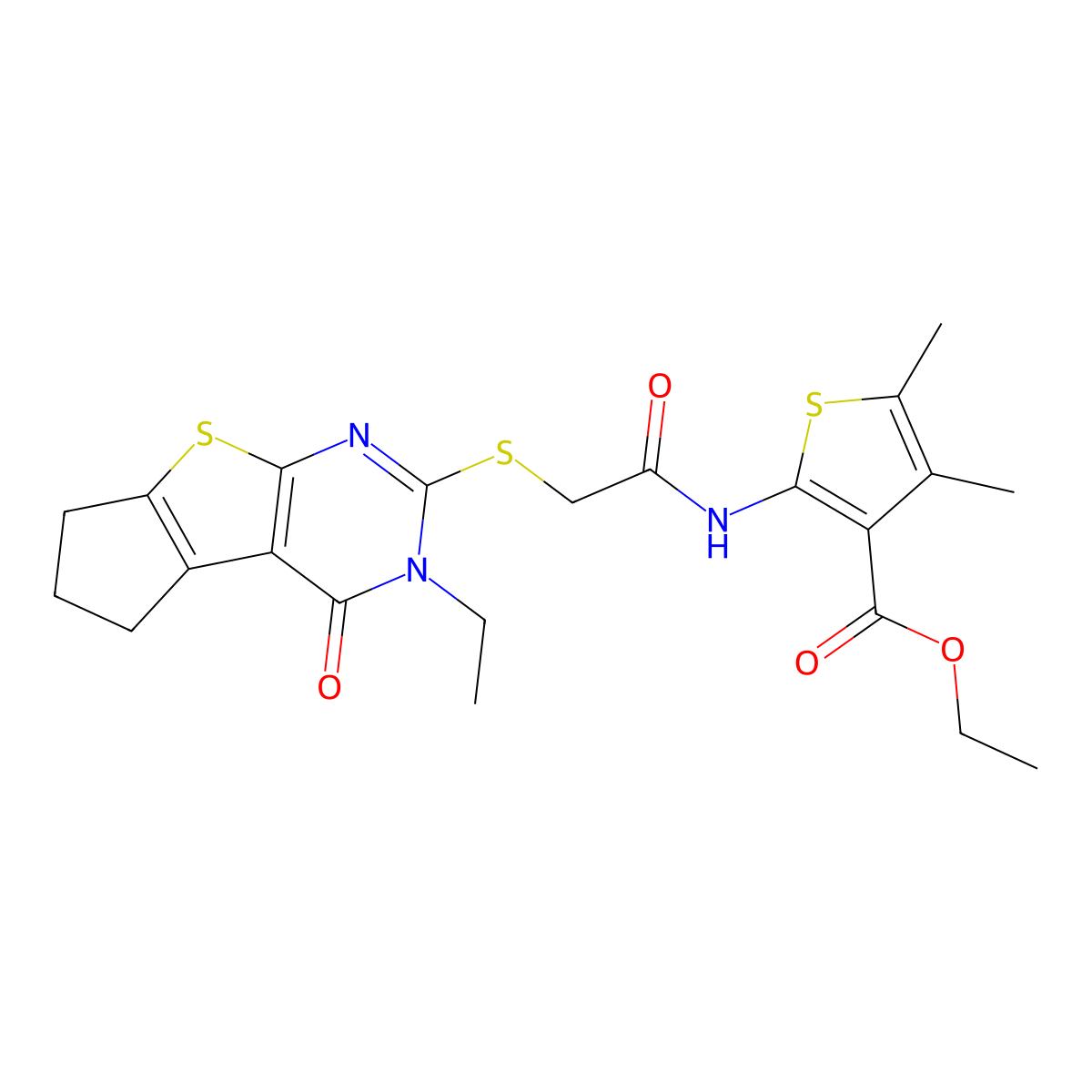 ethyl 2-(2-((3-ethyl-4-oxo-4,5,6,7-tetrahydro-3H-cyclopenta[4,5]thieno[2,3-d]pyrimidin-2-yl)thio)acetamido)-4,5-dimethylthiophene-3-carboxylate molecular structure, CAS 496028-09-2