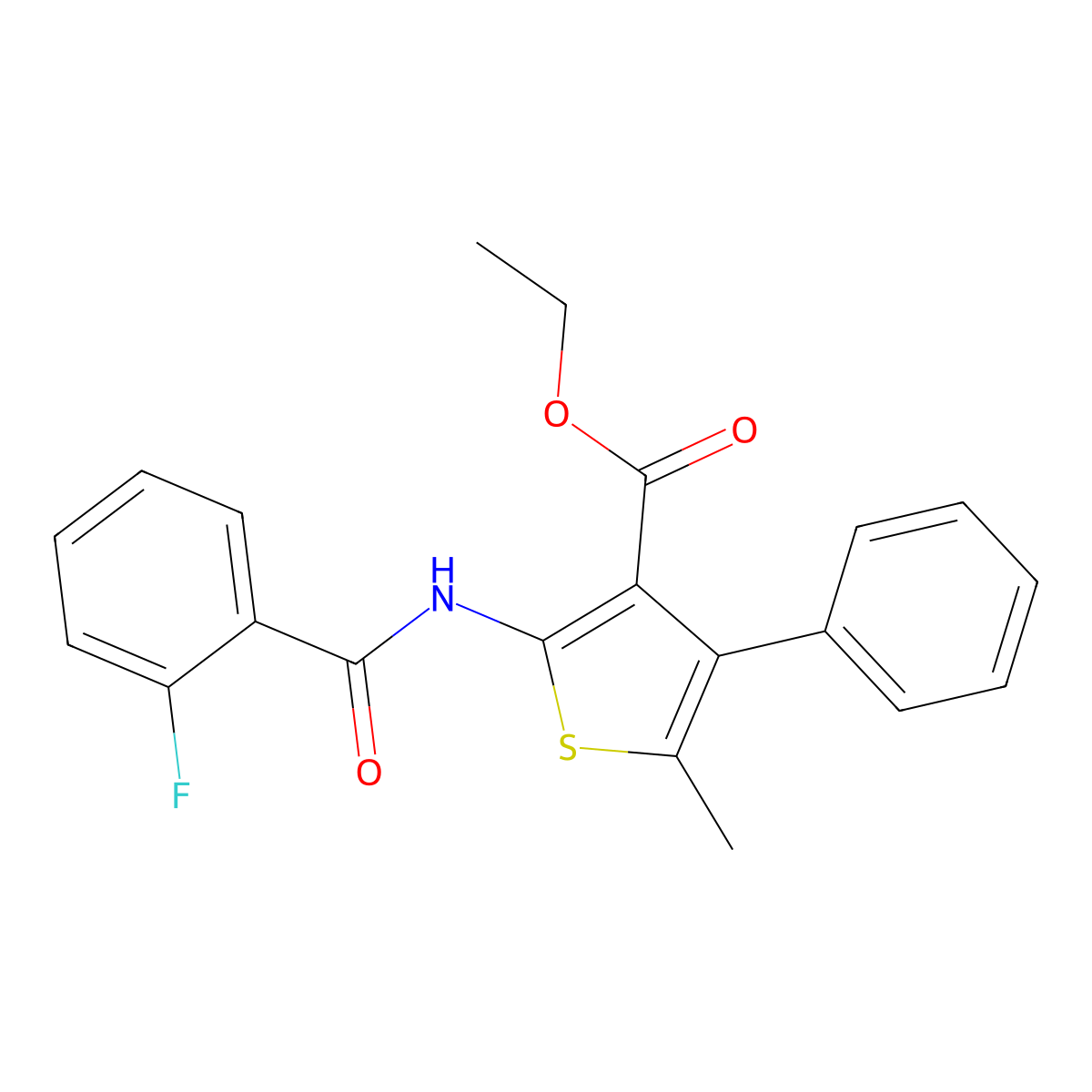 Ethyl 2-(2-fluorobenzamido)-5-methyl-4-phenylthiophene-3-carboxylate molecular structure, CAS 496028-16-1