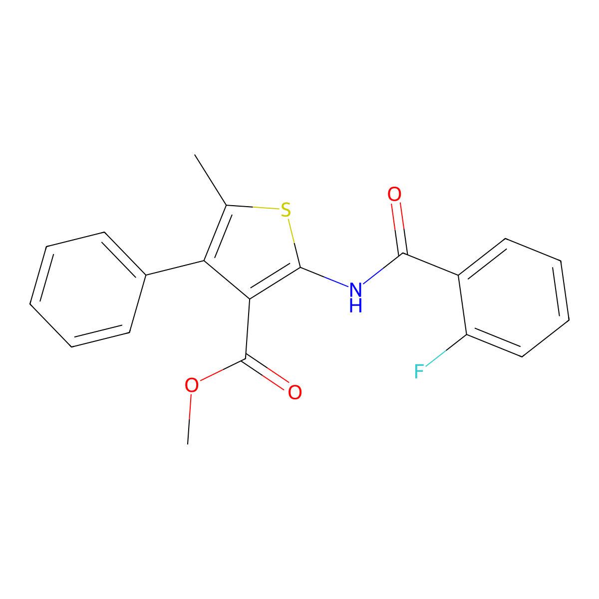 Methyl 2-(2-fluorobenzamido)-5-methyl-4-phenylthiophene-3-carboxylate molecular structure, CAS 496028-17-2