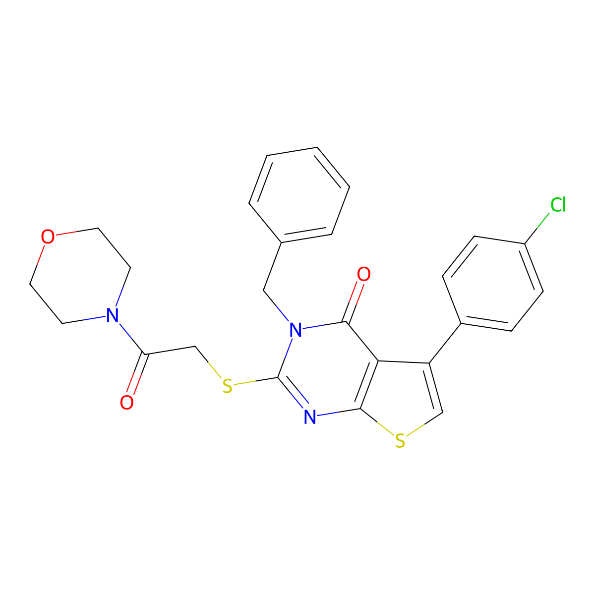 3-benzyl-5-(4-chlorophenyl)-2-{[2-(morpholin-4-yl)-2-oxoethyl]sulfanyl}thieno[2,3-d]pyrimidin-4(3H)-one molecular structure, CAS 496028-29-6