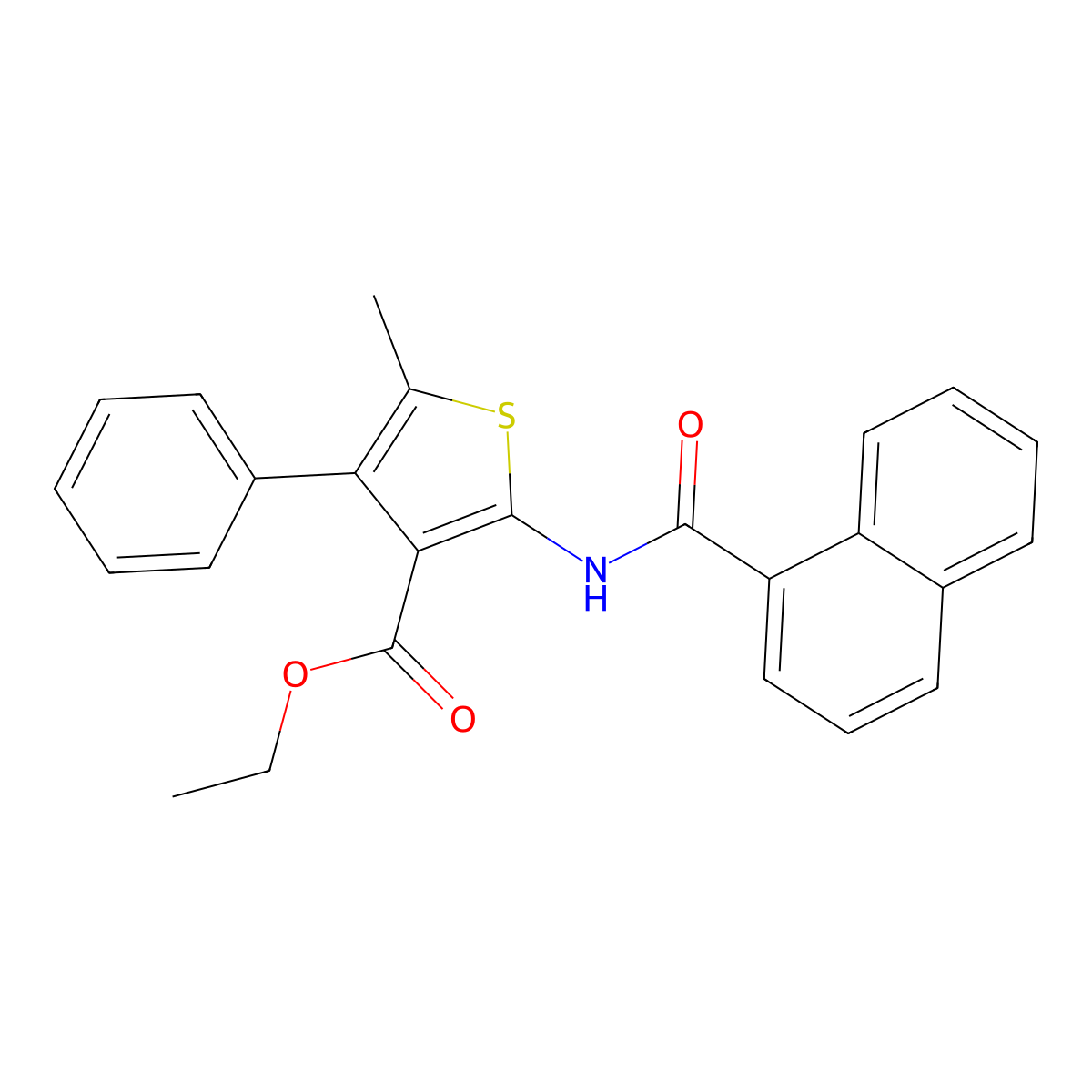 Ethyl 5-methyl-2-(naphthylcarbonylamino)-4-phenylthiophene-3-carboxylate molecular structure, CAS 496028-44-5