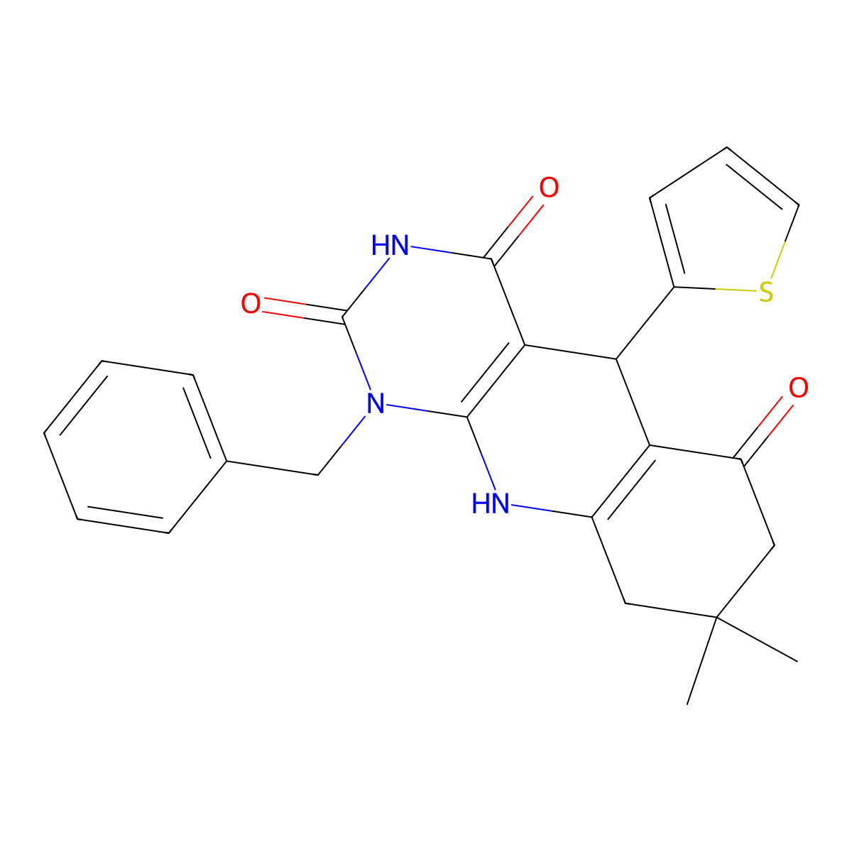 1-Benzyl-8,8-dimethyl-5-thiophen-2-yl-5,7,9,10-tetrahydropyrimido[4,5-b]quinoline-2,4,6-trione molecular structure, CAS 496028-59-2