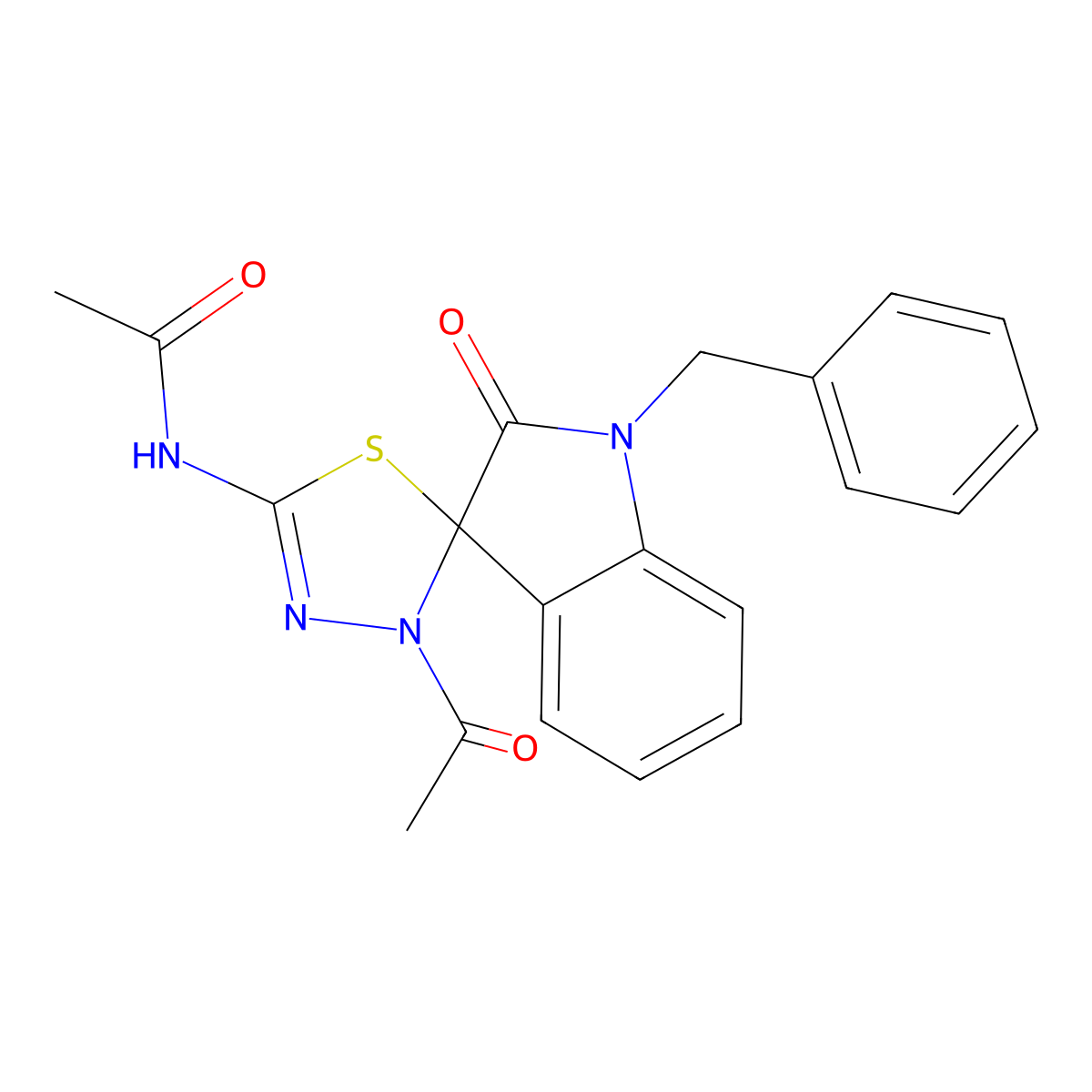 N-(3'-acetyl-1-benzyl-2-oxo-1,2-dihydro-3'H-spiro[indole-3,2'-[1,3,4]thiadiazol]-5'-yl)acetamide molecular structure, CAS 496028-76-3