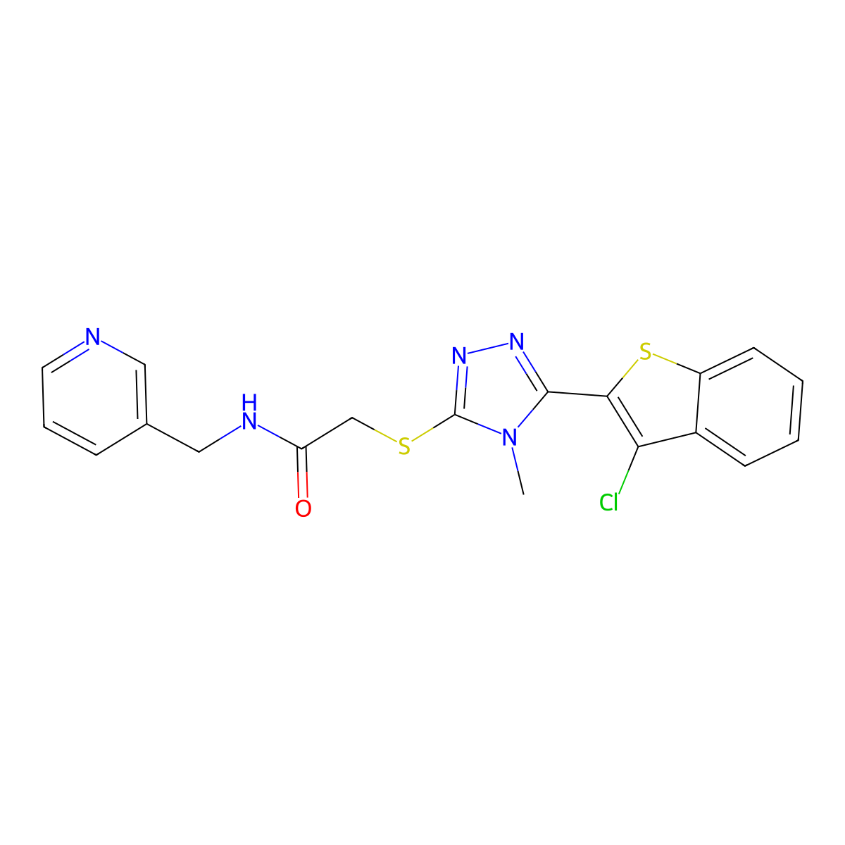 2-((5-(3-chlorobenzo[b]thiophen-2-yl)-4-methyl-4H-1,2,4-triazol-3-yl)thio)-N-(pyridin-3-ylmethyl)acetamide molecular structure, CAS 496028-81-0