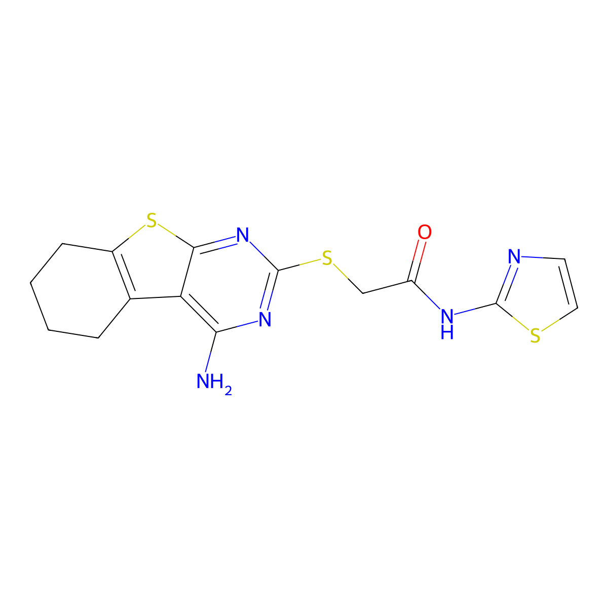 2-[(4-amino-5,6,7,8-tetrahydro[1]benzothieno[2,3-d]pyrimidin-2-yl)sulfanyl]-N-(1,3-thiazol-2-yl)acetamide molecular structure, CAS 496028-83-2