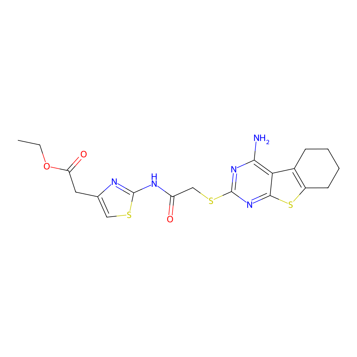 Ethyl [2-({[(4-amino-5,6,7,8-tetrahydro[1]benzothieno[2,3-d]pyrimidin-2-yl)sulfanyl]acetyl}amino)-1,3-thiazol-4-yl]acetate molecular structure, CAS 496028-84-3