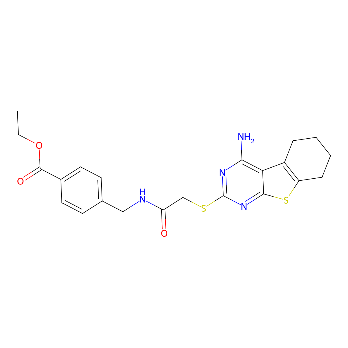 Ethyl 4-[({[(4-amino-5,6,7,8-tetrahydro[1]benzothieno[2,3-d]pyrimidin-2-yl)sulfanyl]acetyl}amino)methyl]benzoate molecular structure, CAS 496028-85-4