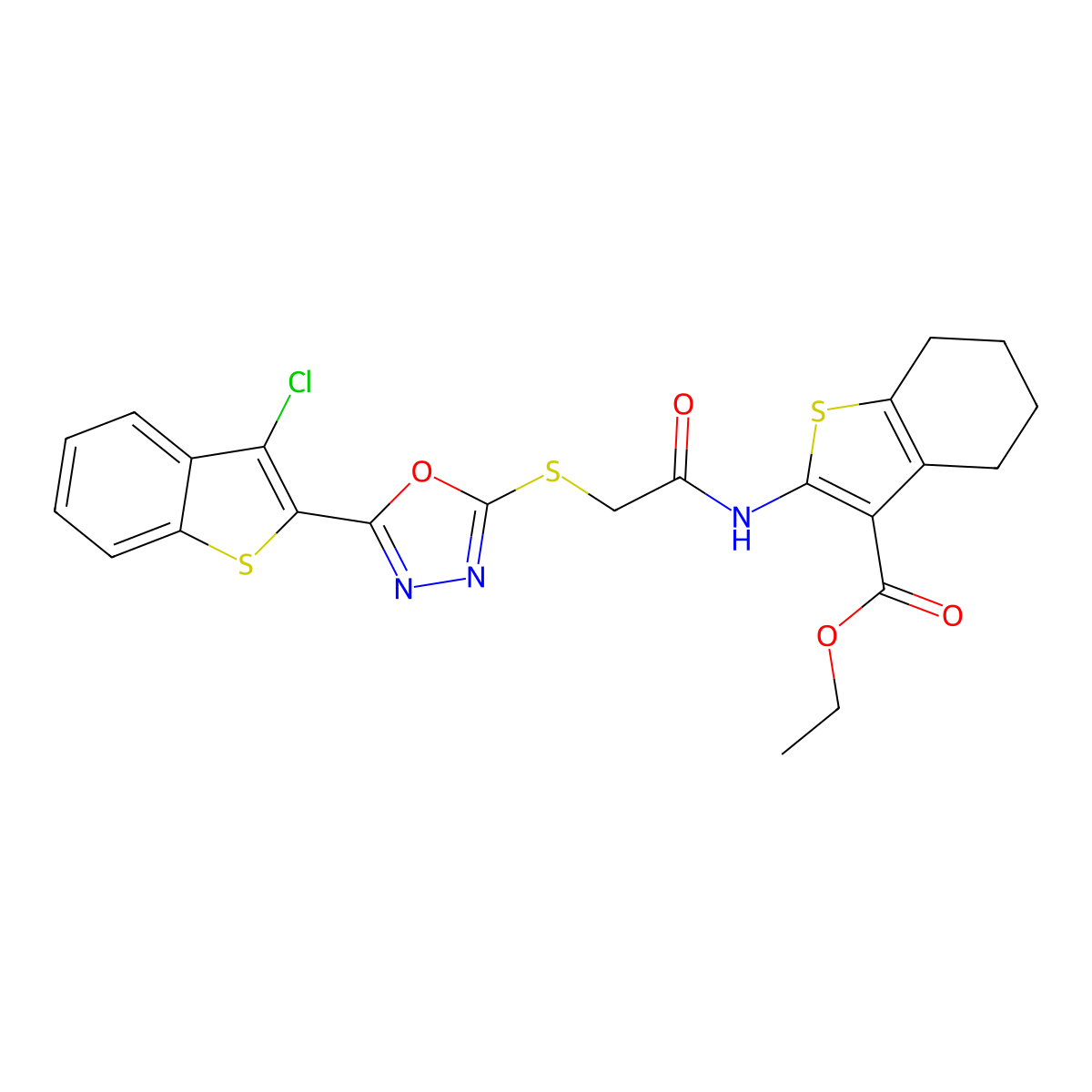 Ethyl 2-[[2-[[5-(3-chloro-1-benzothiophen-2-yl)-1,3,4-oxadiazol-2-yl]sulfanyl]acetyl]amino]-4,5,6,7-tetrahydro-1-benzothiophene-3-carboxylate molecular structure, CAS 496028-89-8
