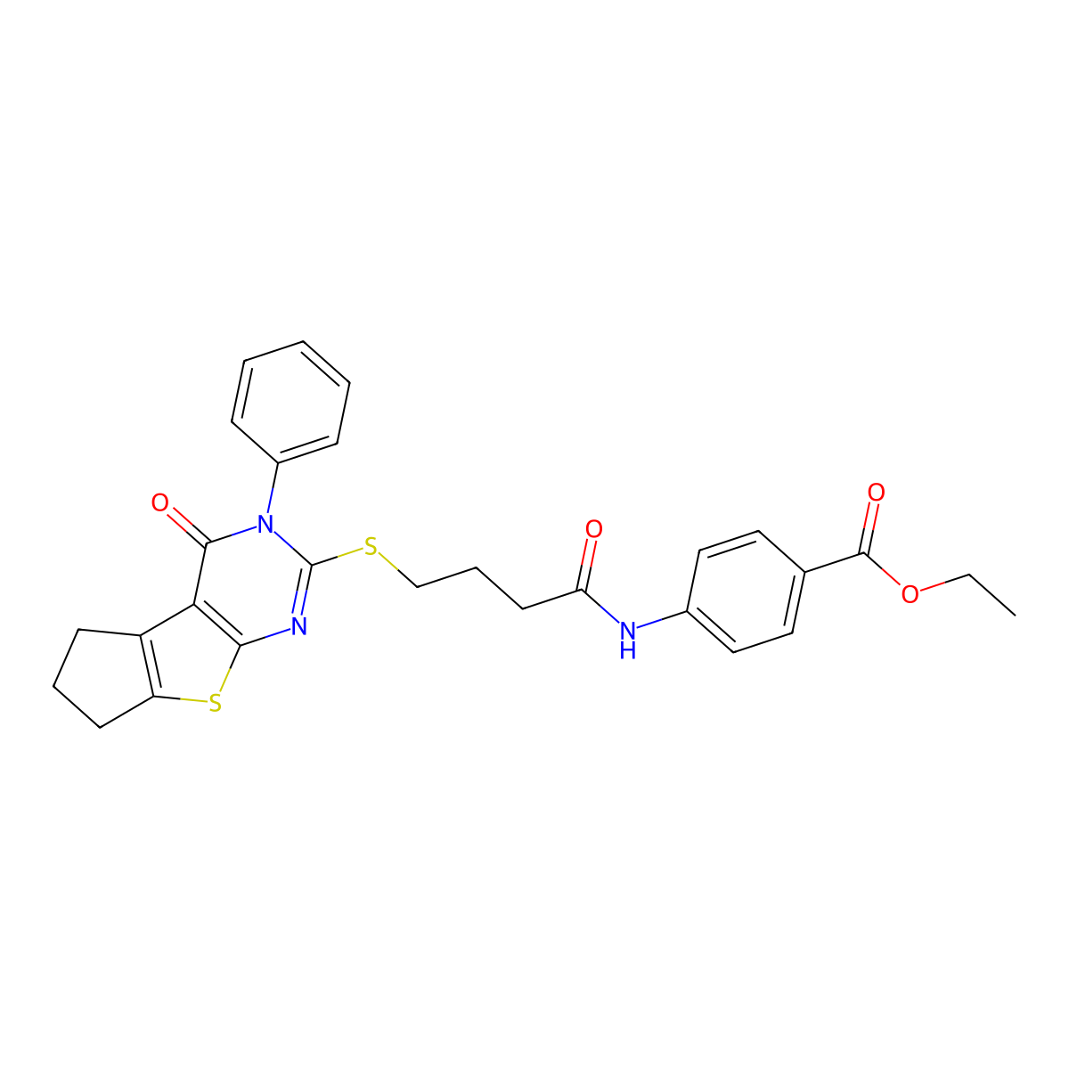 Ethyl 4-[4-(4-oxo-3-phenyl-3,5,6,7-tetrahydrocyclopenta[2,1-d]pyrimidino[4,5-b]thiophen-2-ylthio)butanoylamino]benzoate molecular structure, CAS 496028-90-1