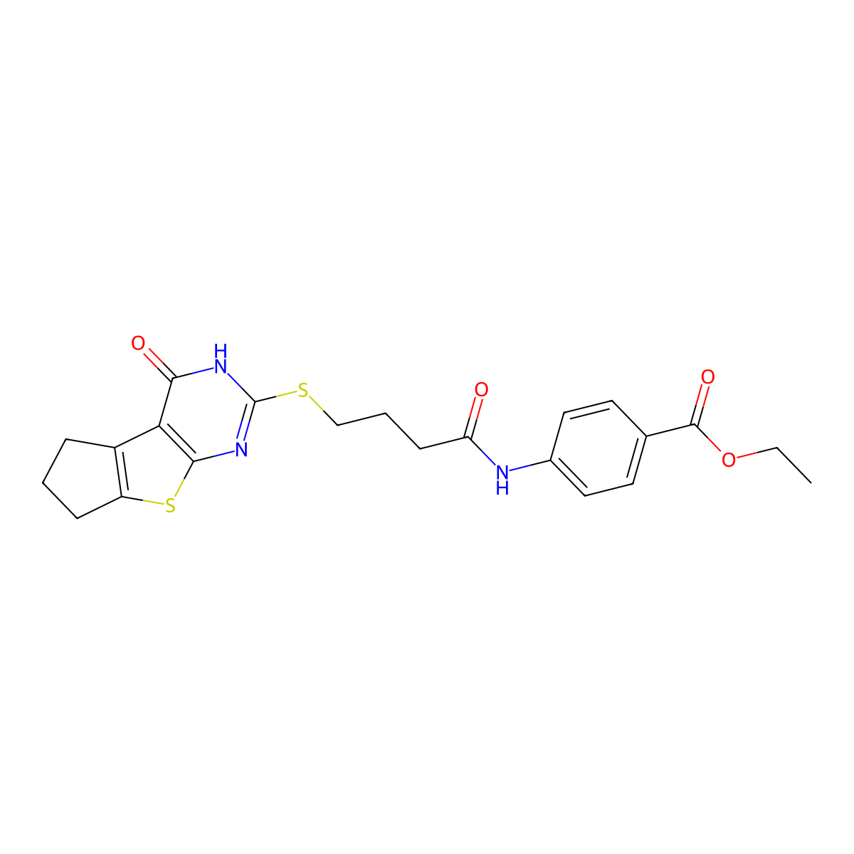 Ethyl 4-[[1-Oxo-4-[(1,5,6,7-tetrahydro-4-oxo-4H-cyclopenta[4,5]thieno[2,3-d]pyrimidin-2-yl)thio]butyl]amino]benzoate molecular structure, CAS 496028-91-2