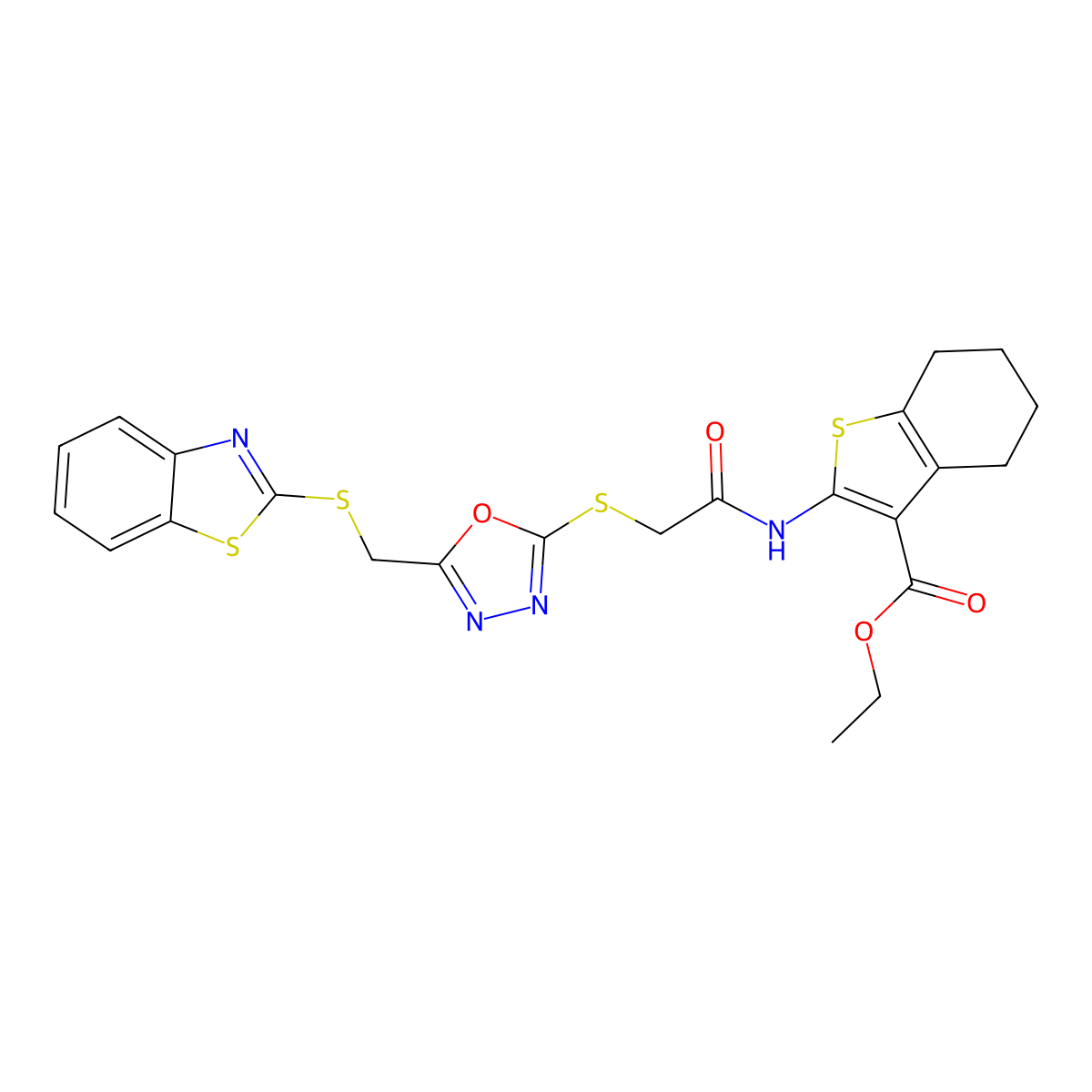 Ethyl 2-{[({5-[(1,3-benzothiazol-2-ylsulfanyl)methyl]-1,3,4-oxadiazol-2-yl}sulfanyl)acetyl]amino}-4,5,6,7-tetrahydro-1-benzothiophene-3-carboxylate molecular structure, CAS 496028-92-3