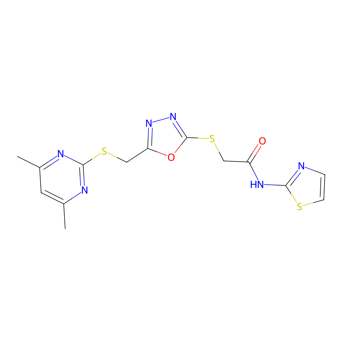 2-((5-(((4,6-dimethylpyrimidin-2-yl)thio)methyl)-1,3,4-oxadiazol-2-yl)thio)-N-(thiazol-2-yl)acetamide molecular structure, CAS 496028-93-4