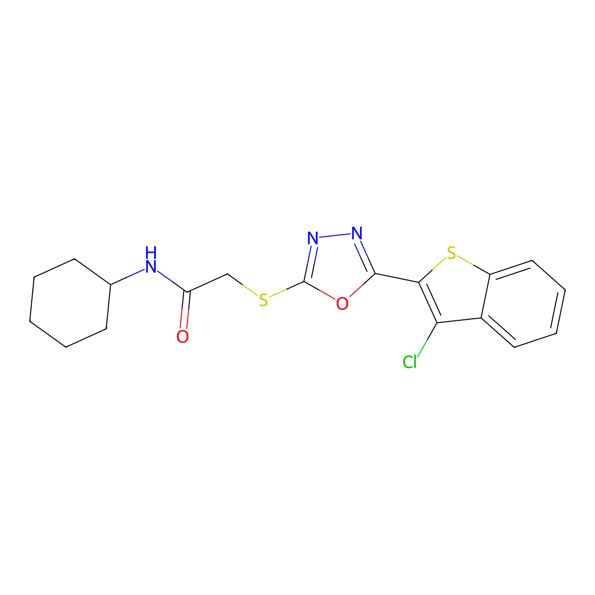 2-((5-(3-chlorobenzo[b]thiophen-2-yl)-1,3,4-oxadiazol-2-yl)thio)-N-cyclohexylacetamide molecular structure, CAS 496028-96-7